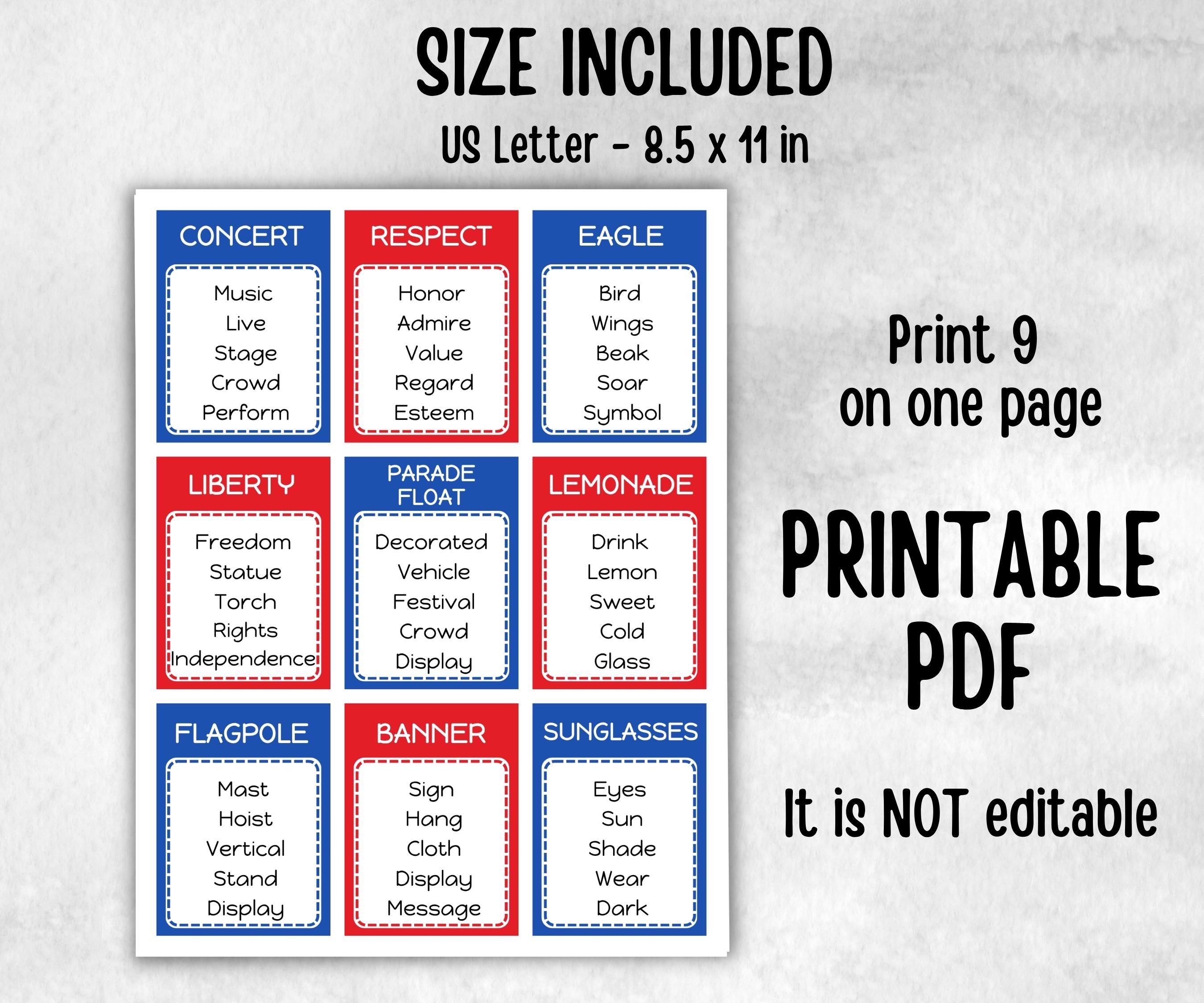 4th of July Forbidden Words, Kindergarten esl, America Word Ban, Homeschool Activity, Independence Day Trivia, Patriotic Game Summer BBQ