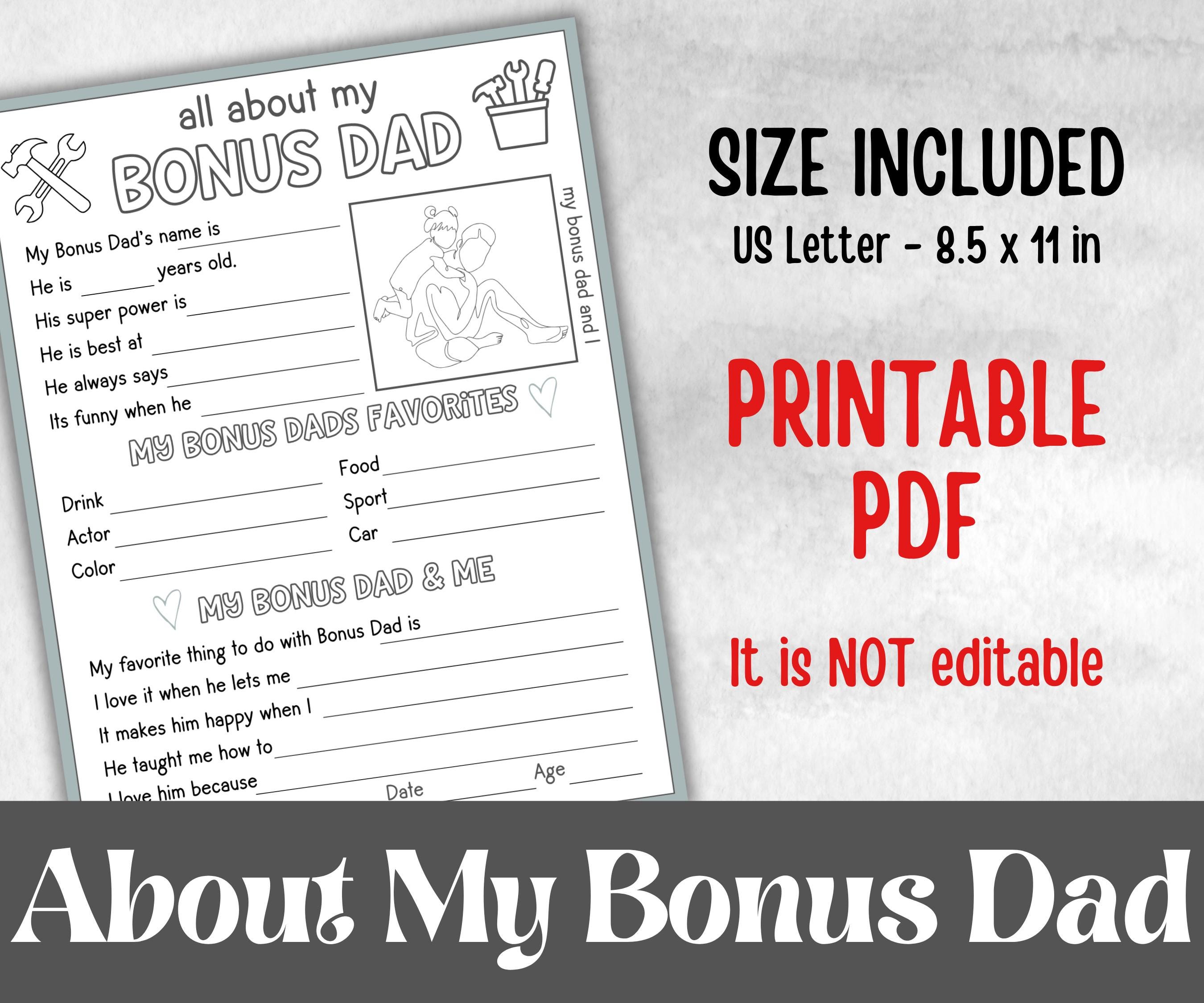 All about my Bonus Dad, Bonus Dad questionnaire, facts about bonus dad, preschool worksheet, printable interview, kindergarten, personalised