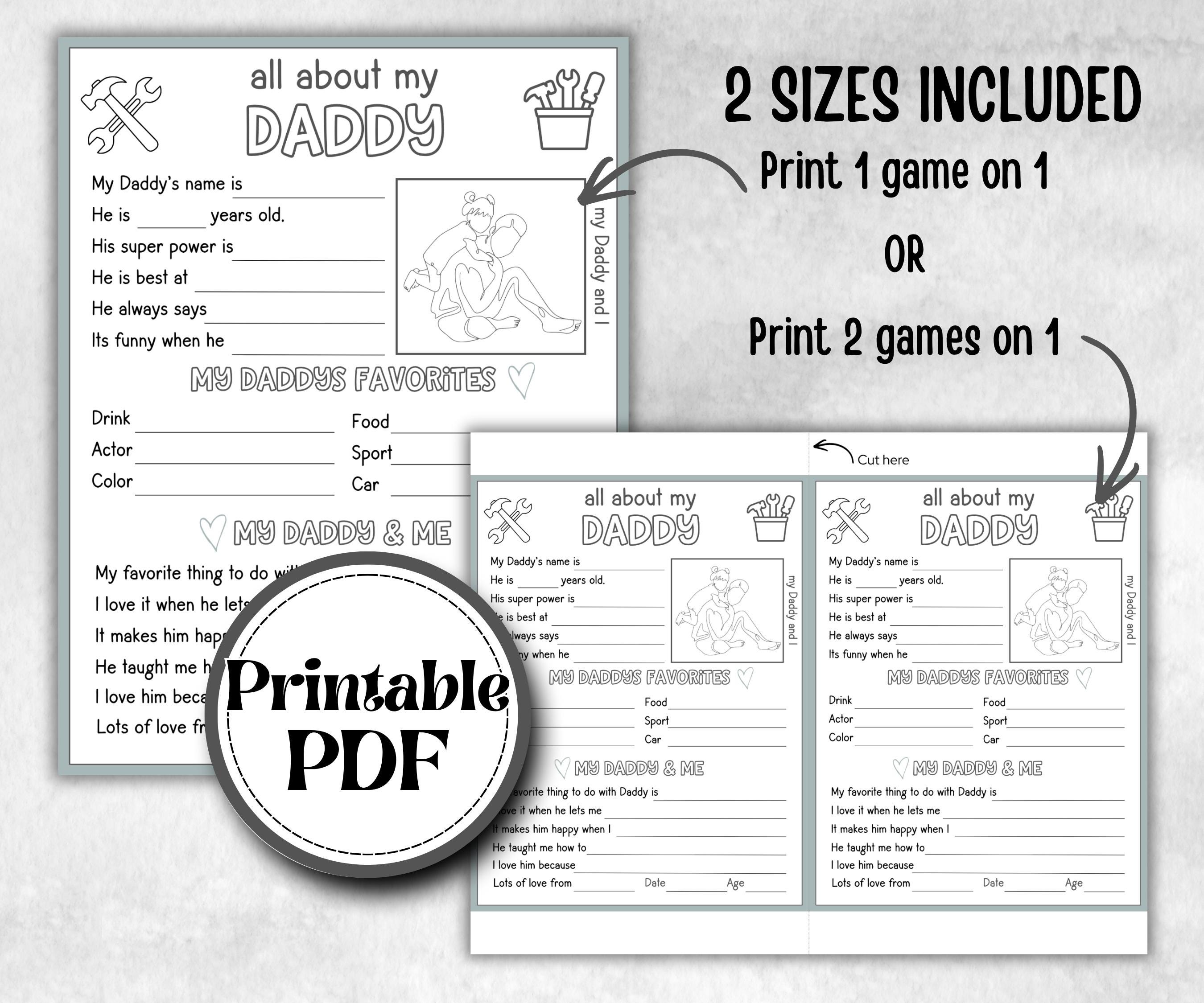 All about my daddy, Daddy Dad questionnaire, facts about daddy, preschool worksheet, printable interview, kindergarten activity, personalise
