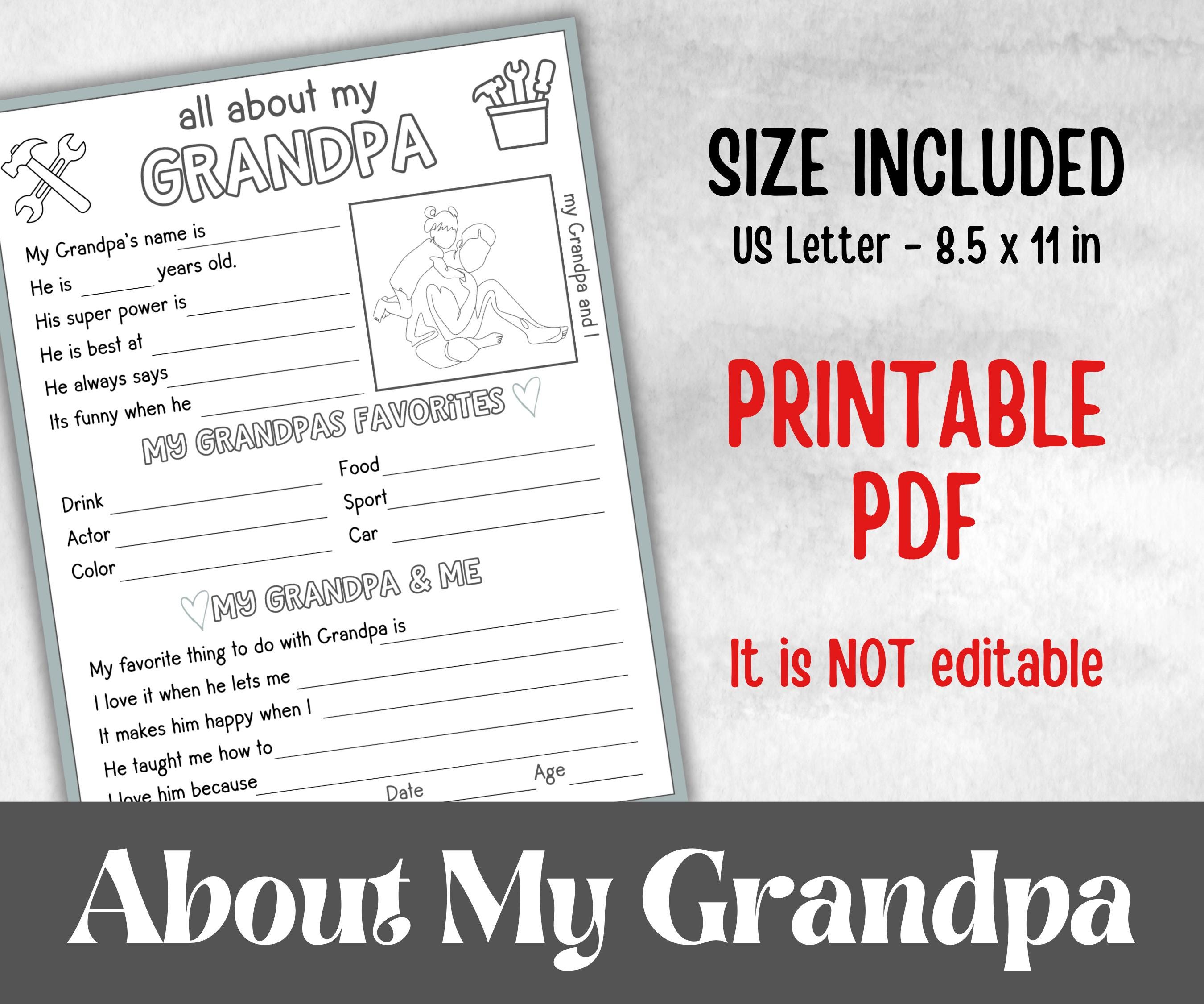 All about my Grandpa, Grandpa questionnaire, facts about pa, preschool worksheet, printable interview, kindergarten activity, personalised