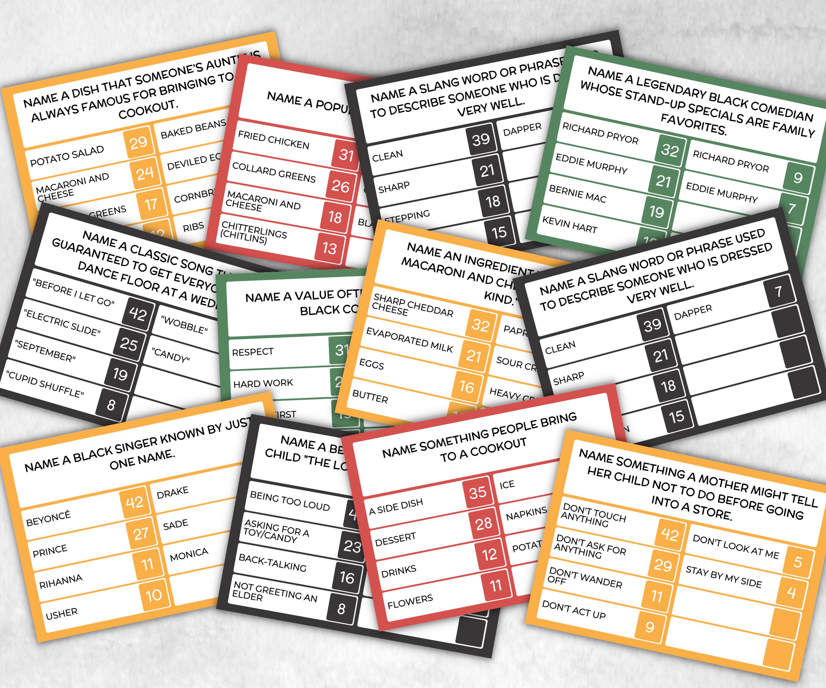 Black Family Friendly Feud, African American, Black Culture, Birthday icebreaker activity, community picnic, classroom activity, card game