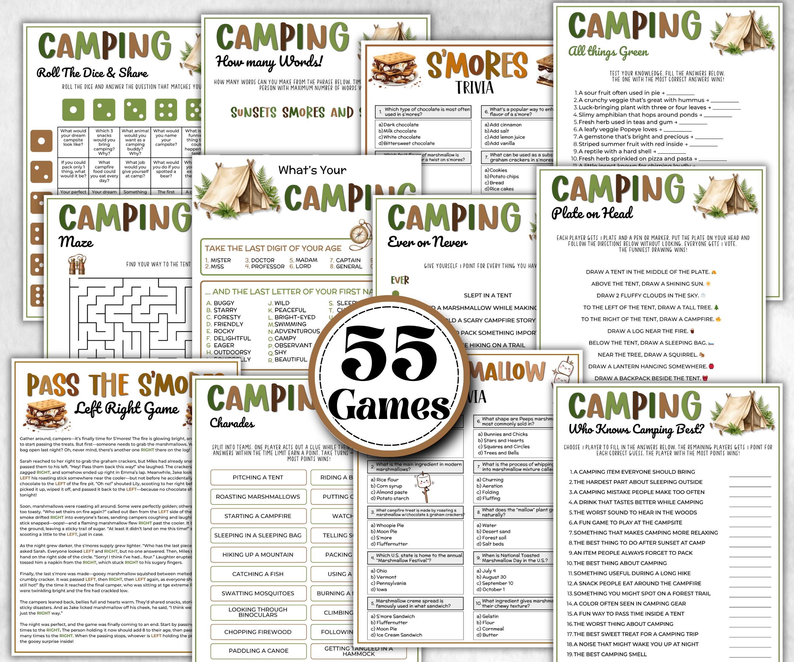 Camping Games Bundle, Nature Scavenger Hunt, summer fall spring winter camping, Trivia night, office team camping, camping themed birthday