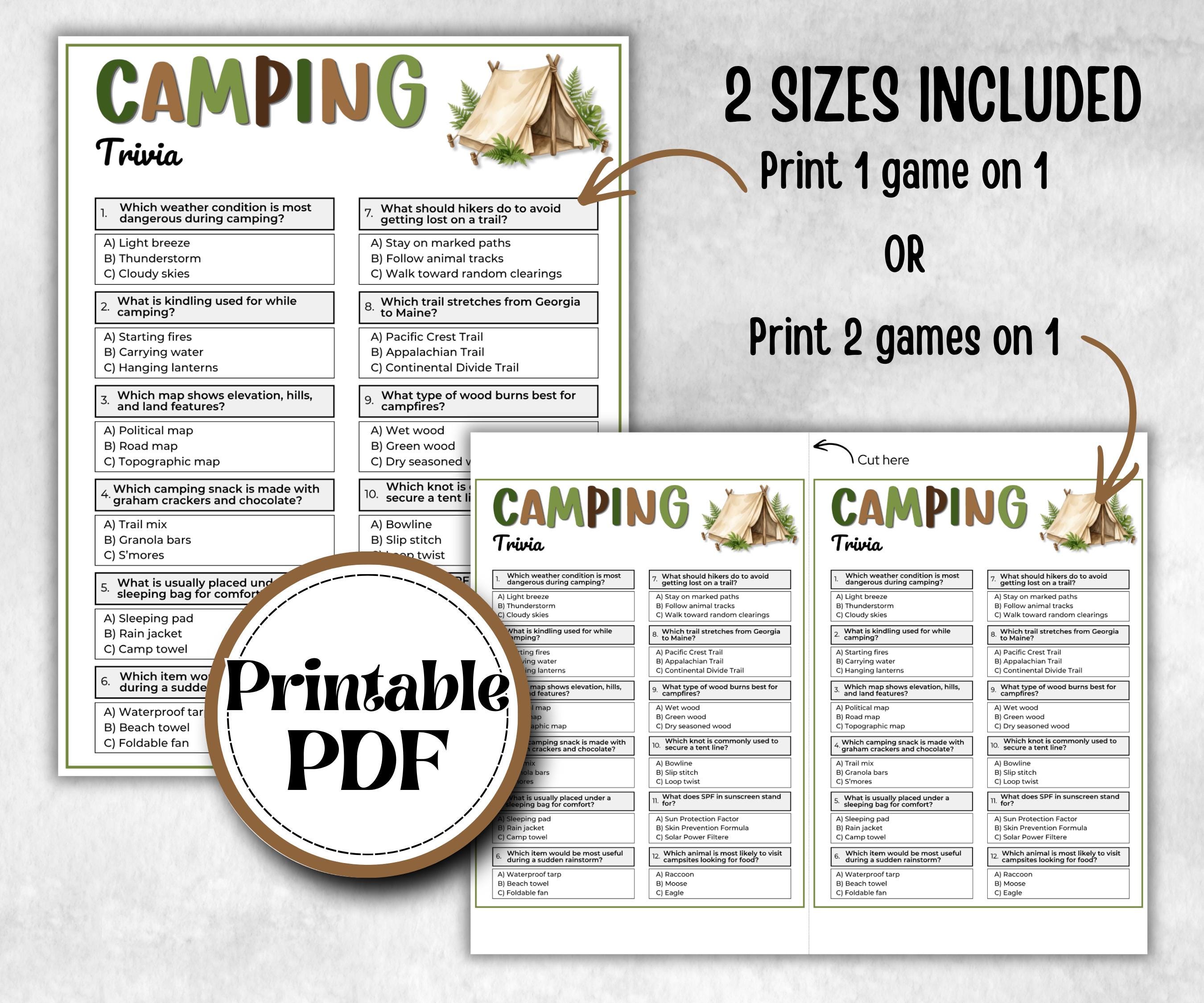 Camping Trivia, fire pit activities, outdoor group party, campground, backyard bbq cookout, summertime campfire, boy girl scout quizzes