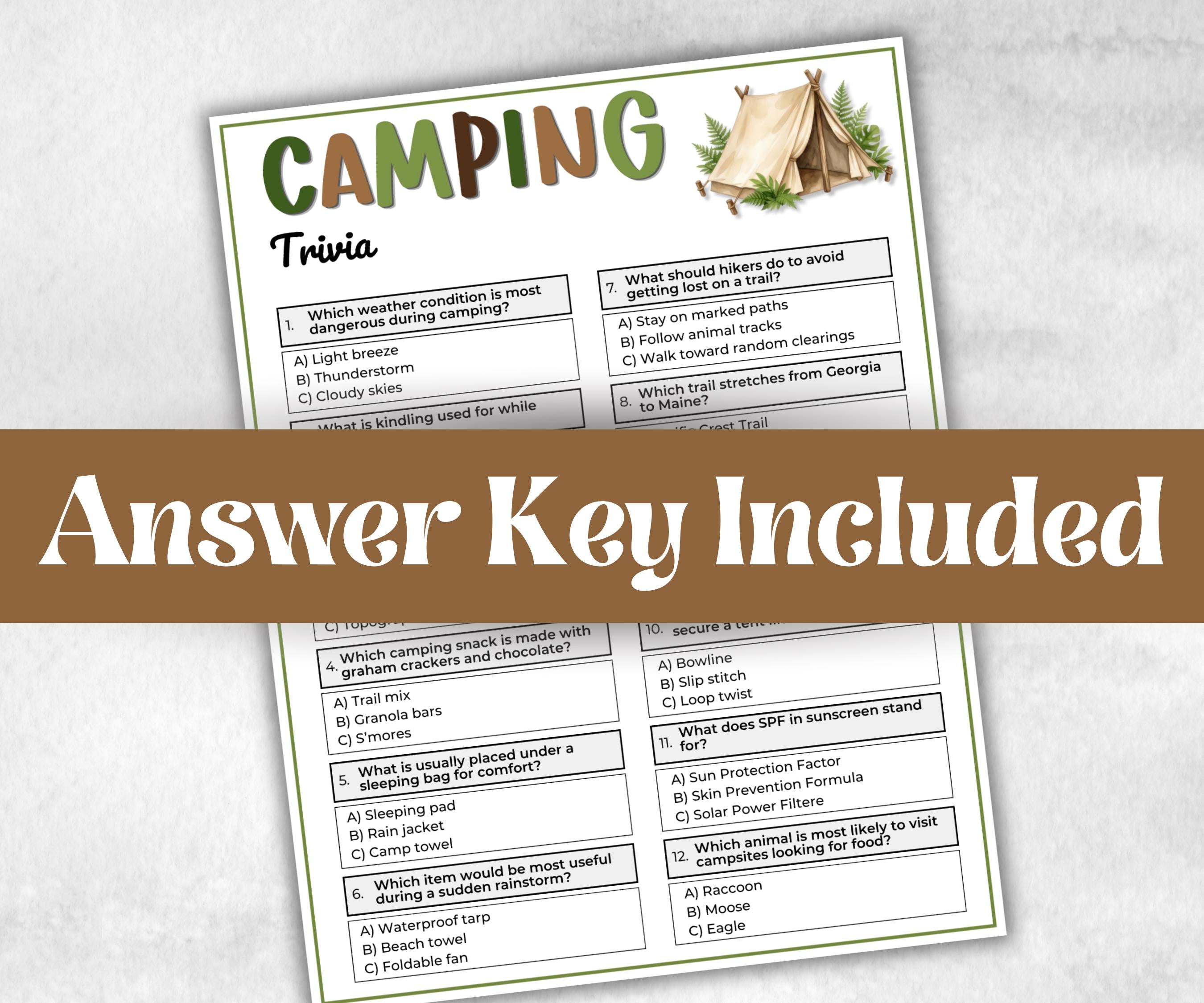 Camping Trivia, fire pit activities, outdoor group party, campground, backyard bbq cookout, summertime campfire, boy girl scout quizzes