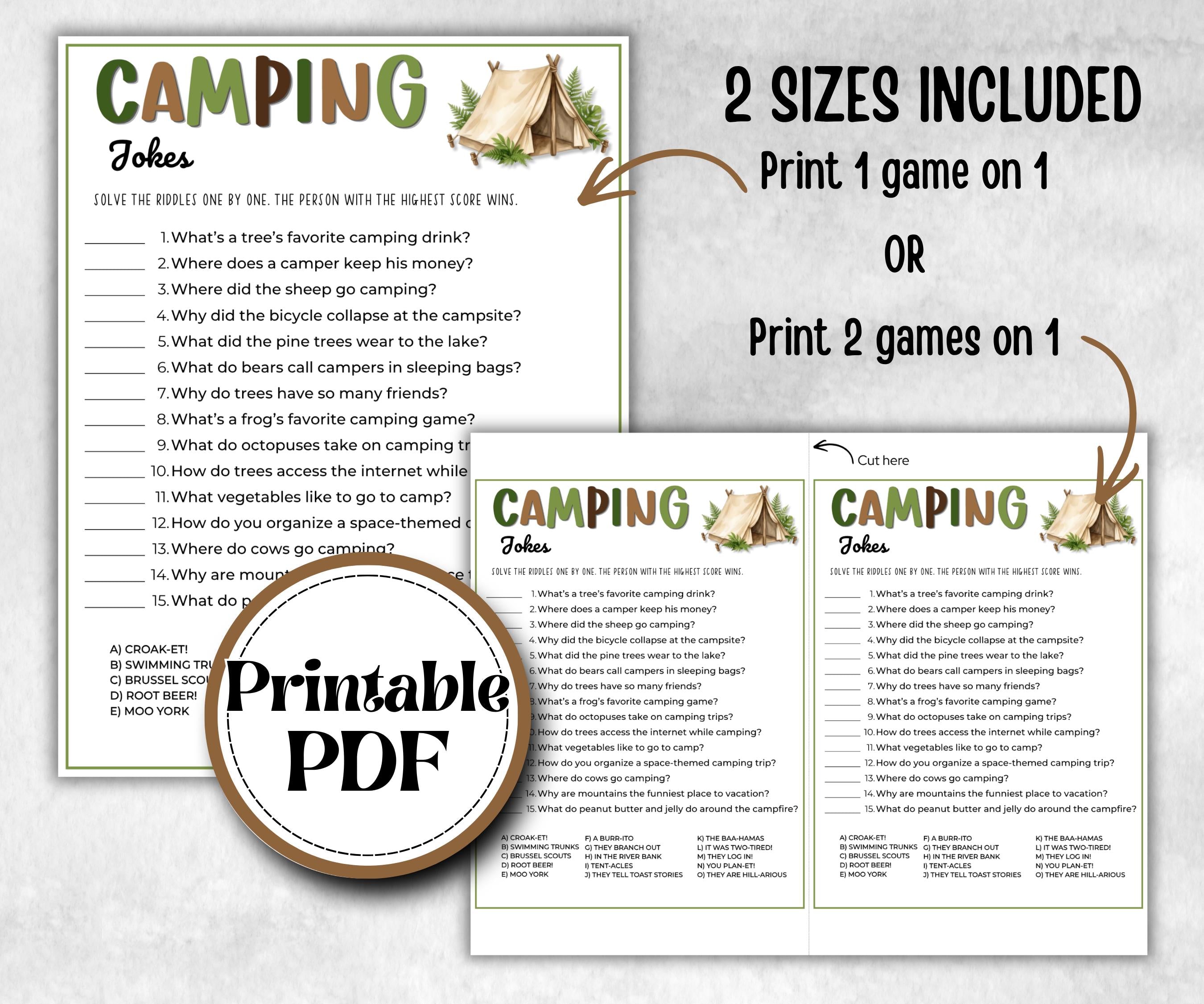 Camping Jokes and Riddles, fire pit activities, outdoor group party, campground, backyard bbq, summertime campfire, boy girl scout quizzes