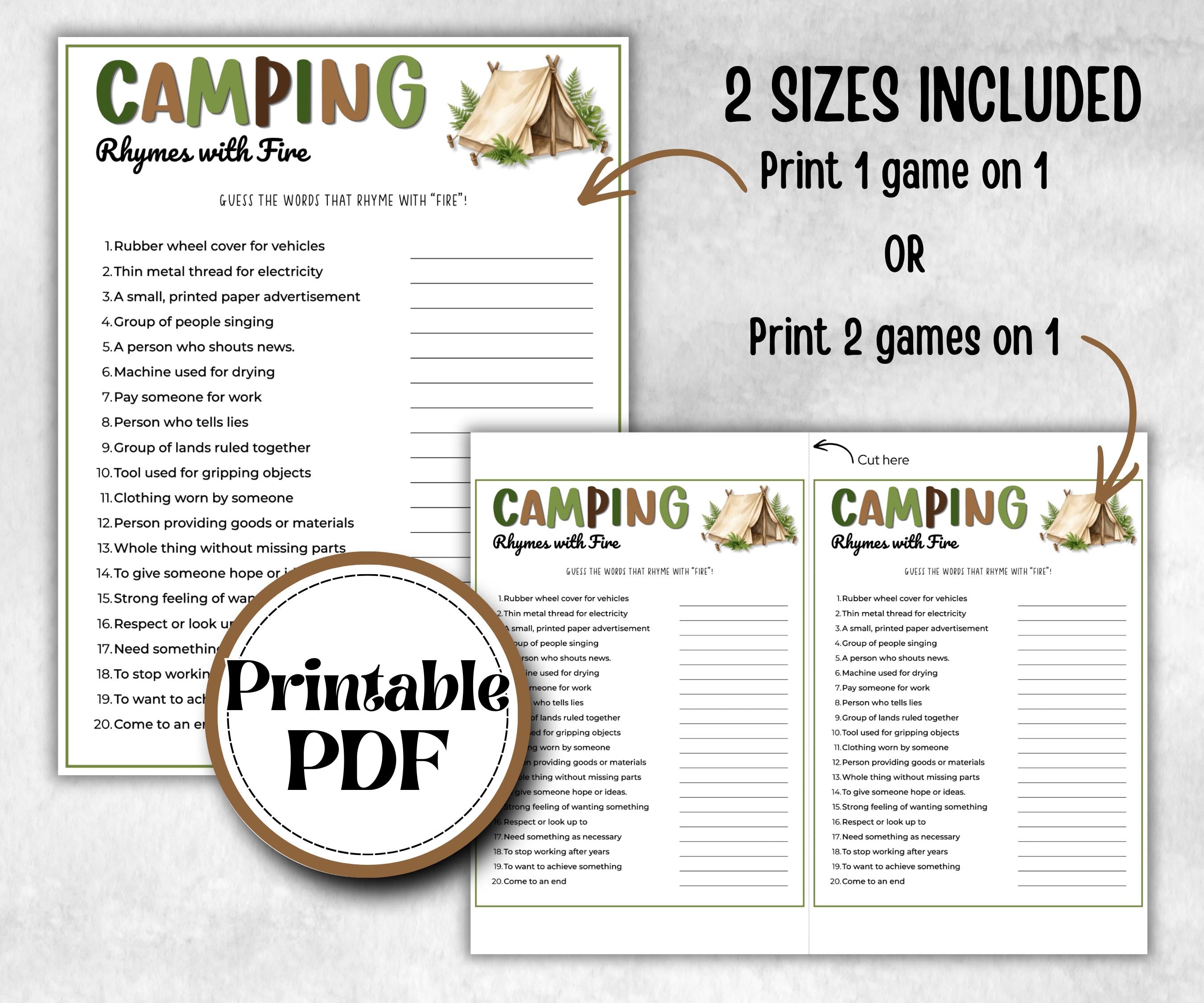 Camping Rhymes with Fire, fire pit activities, Printable outdoor group party, campground, backyard bbq, summertime campfire, boy girl scout