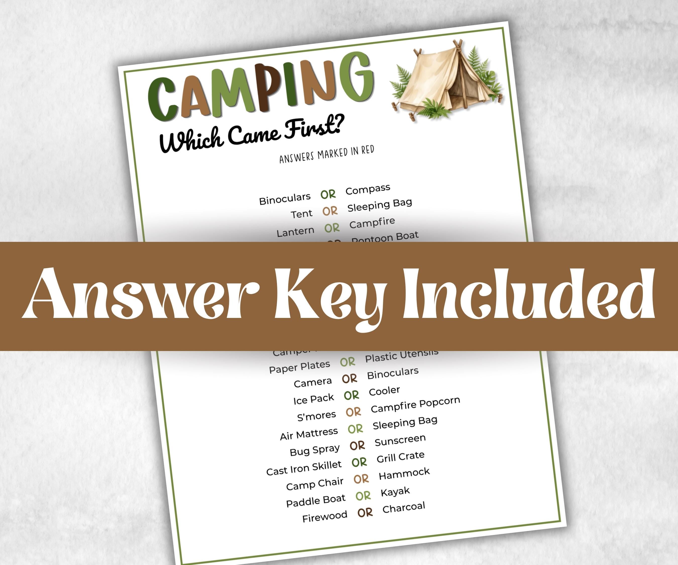 Camping Which came first, fire pit activity, Printable group party, campground, hiking trail, overnight camper baby, camping roadtrip games