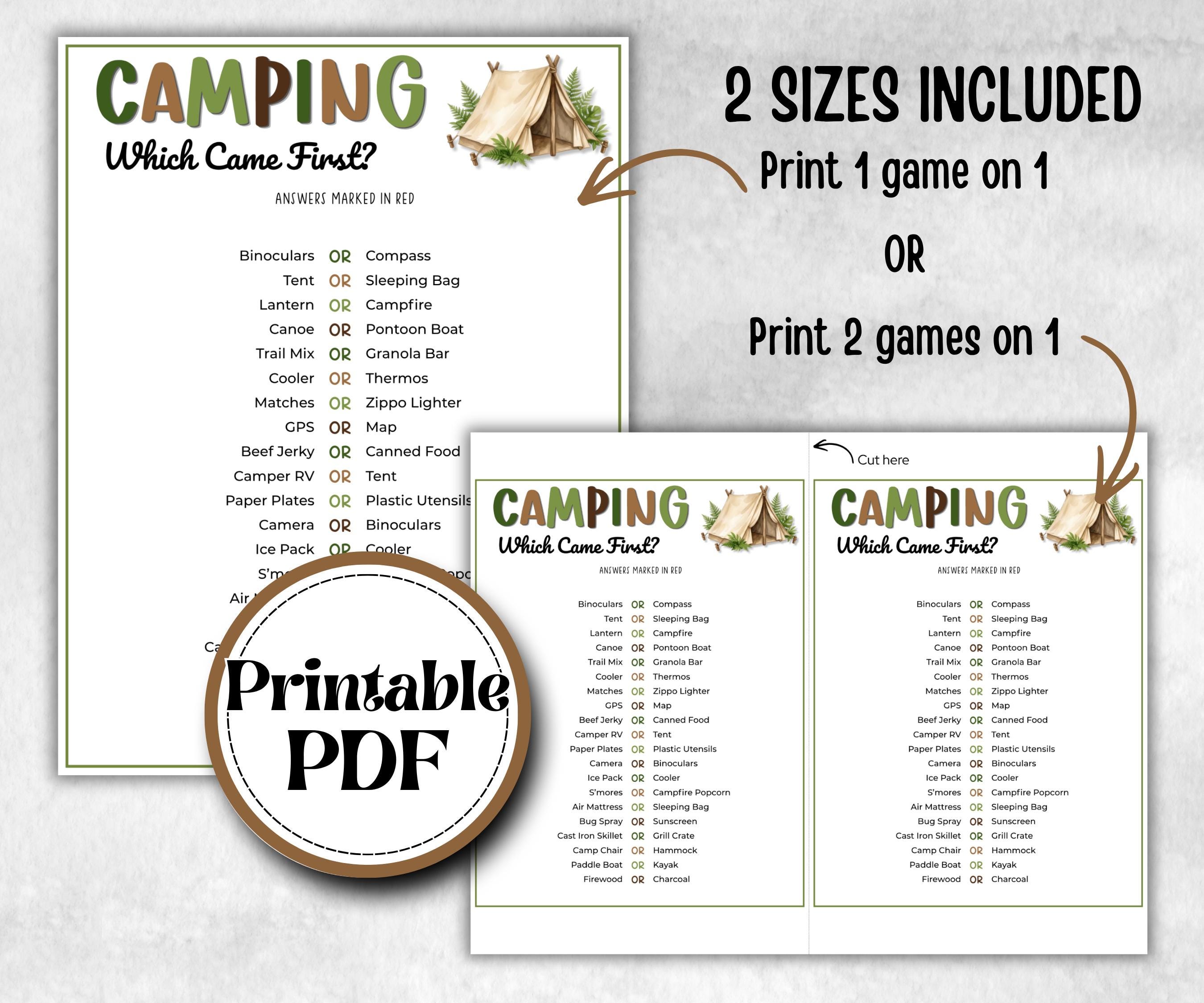 Camping Which came first, fire pit activity, Printable group party, campground, hiking trail, overnight camper baby, camping roadtrip games