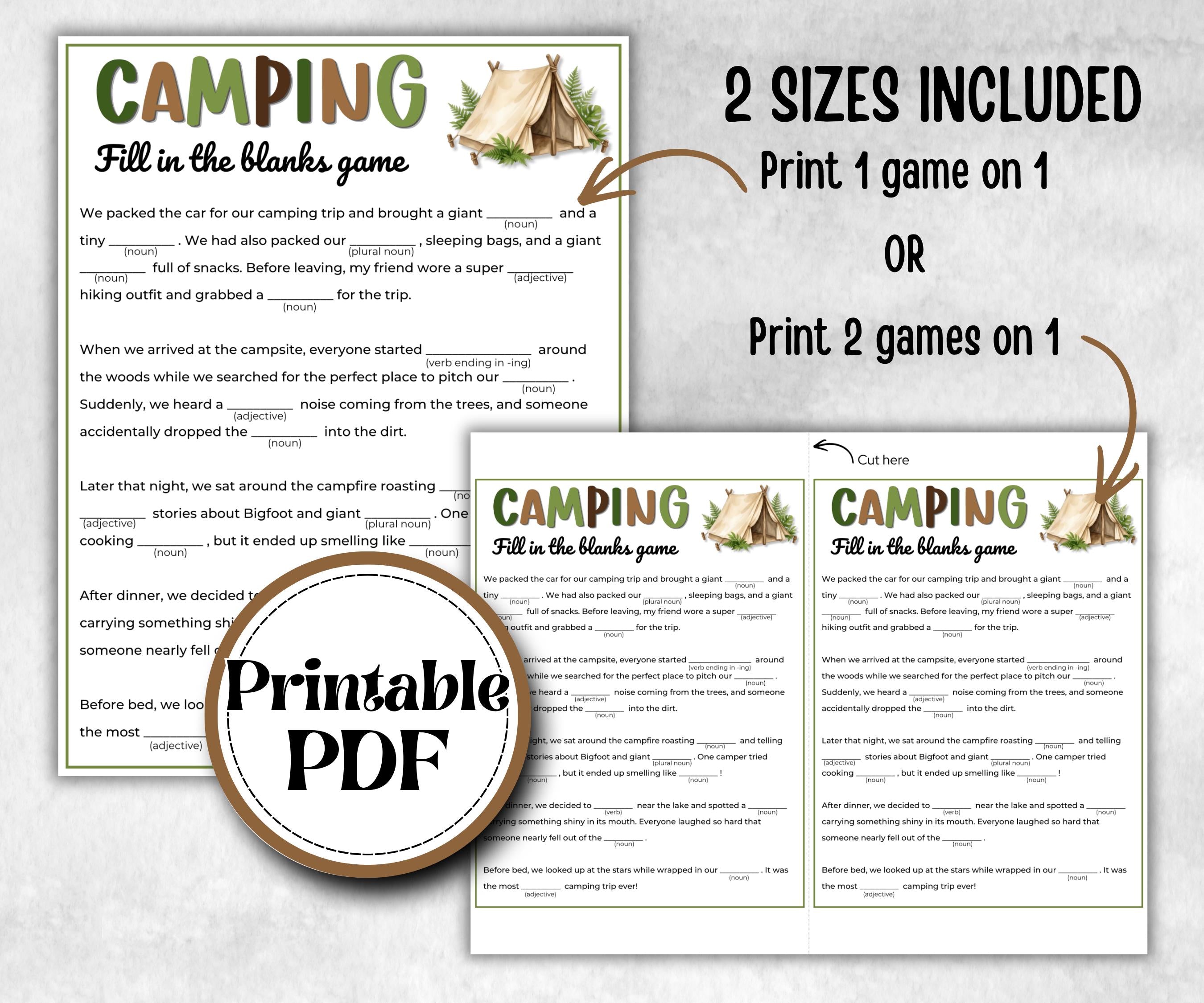 Camping Fill in the blanks, fire pit activity, Printable group party, campground, hiking trail, overnight camper baby, camping roadtrip mad