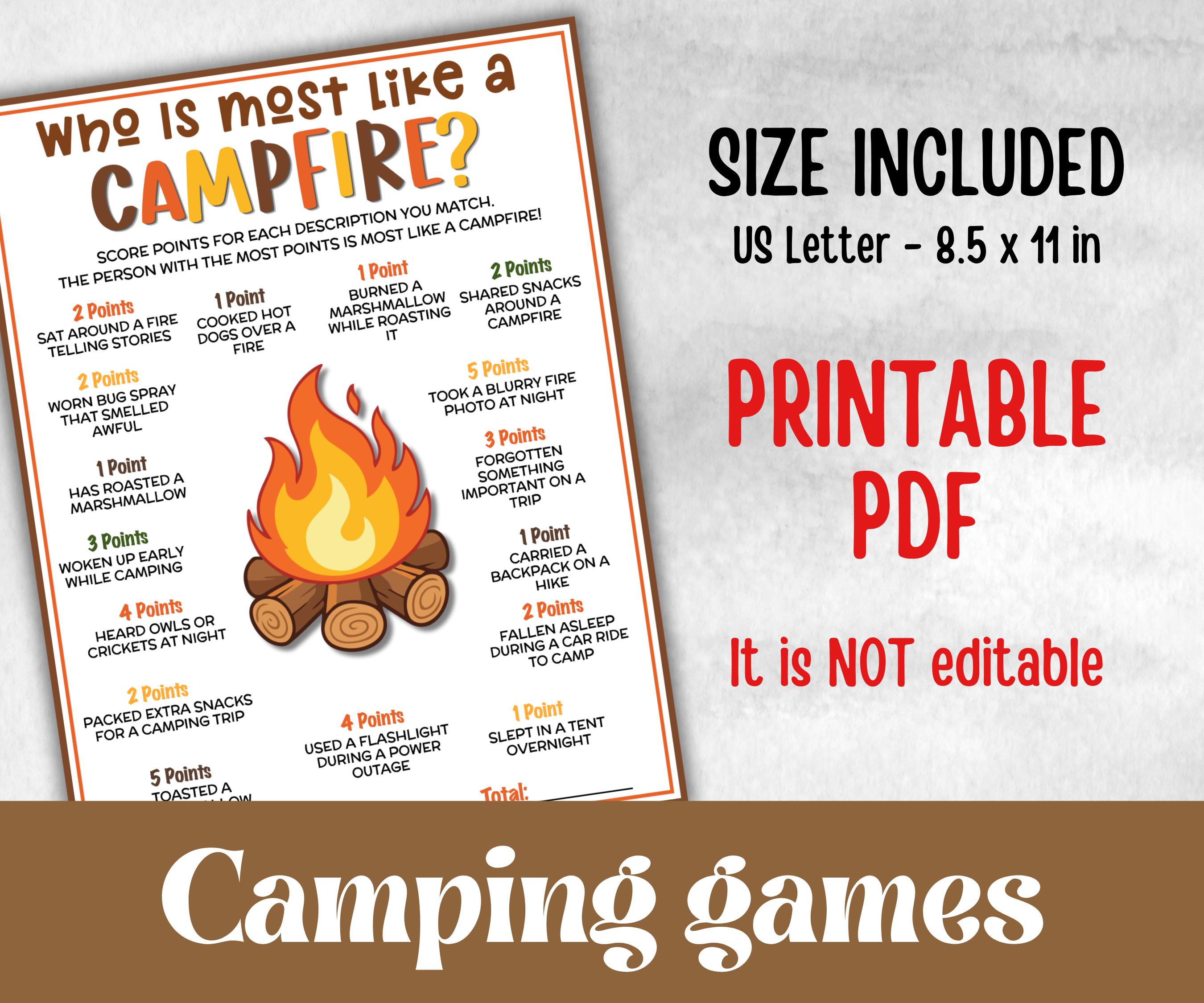 Who is most like Campfire, fire pit activity, Printable group party, campground, hiking trail, overnight camper, camping roadtrip, bonfire