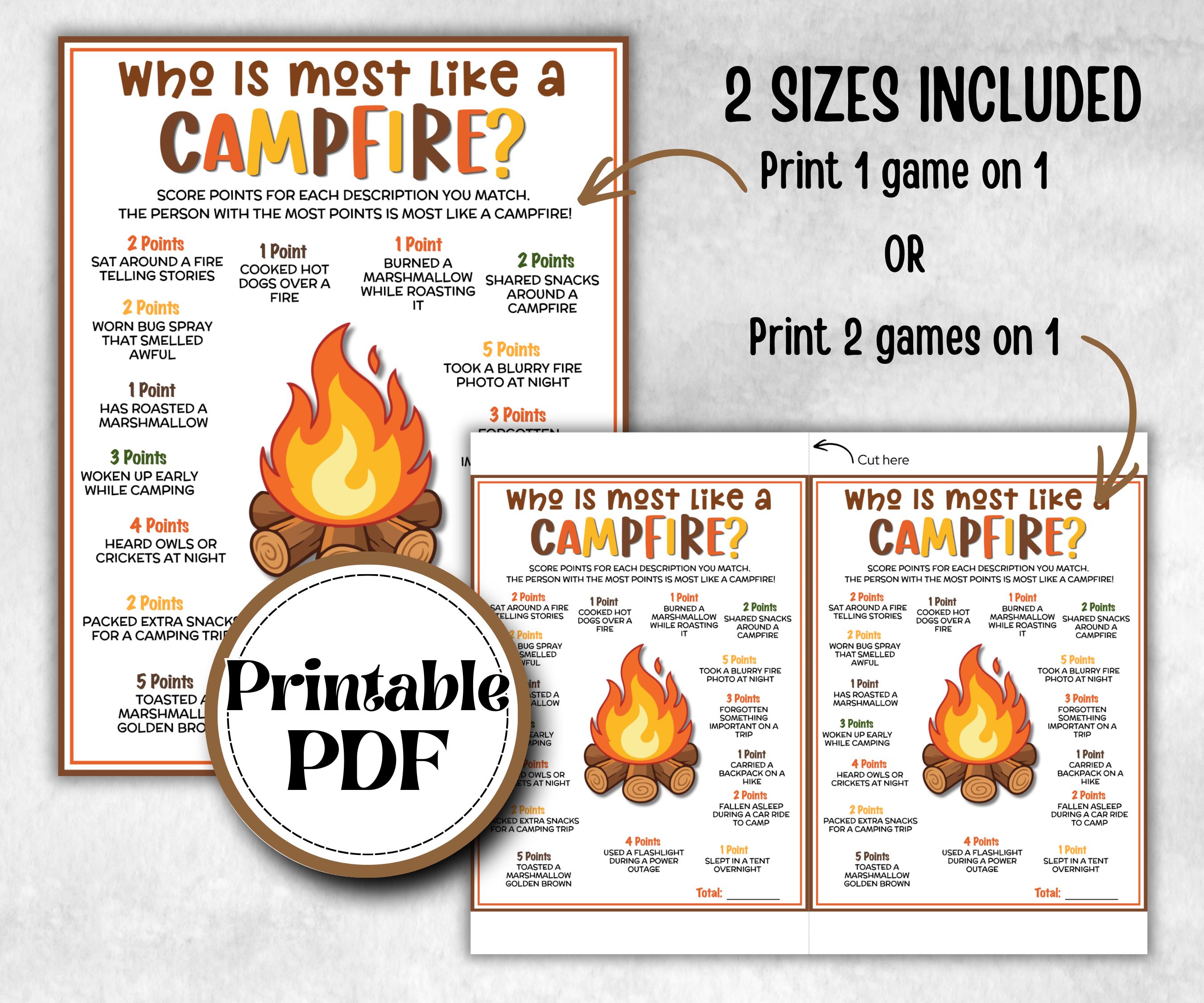 Who is most like Campfire, fire pit activity, Printable group party, campground, hiking trail, overnight camper, camping roadtrip, bonfire