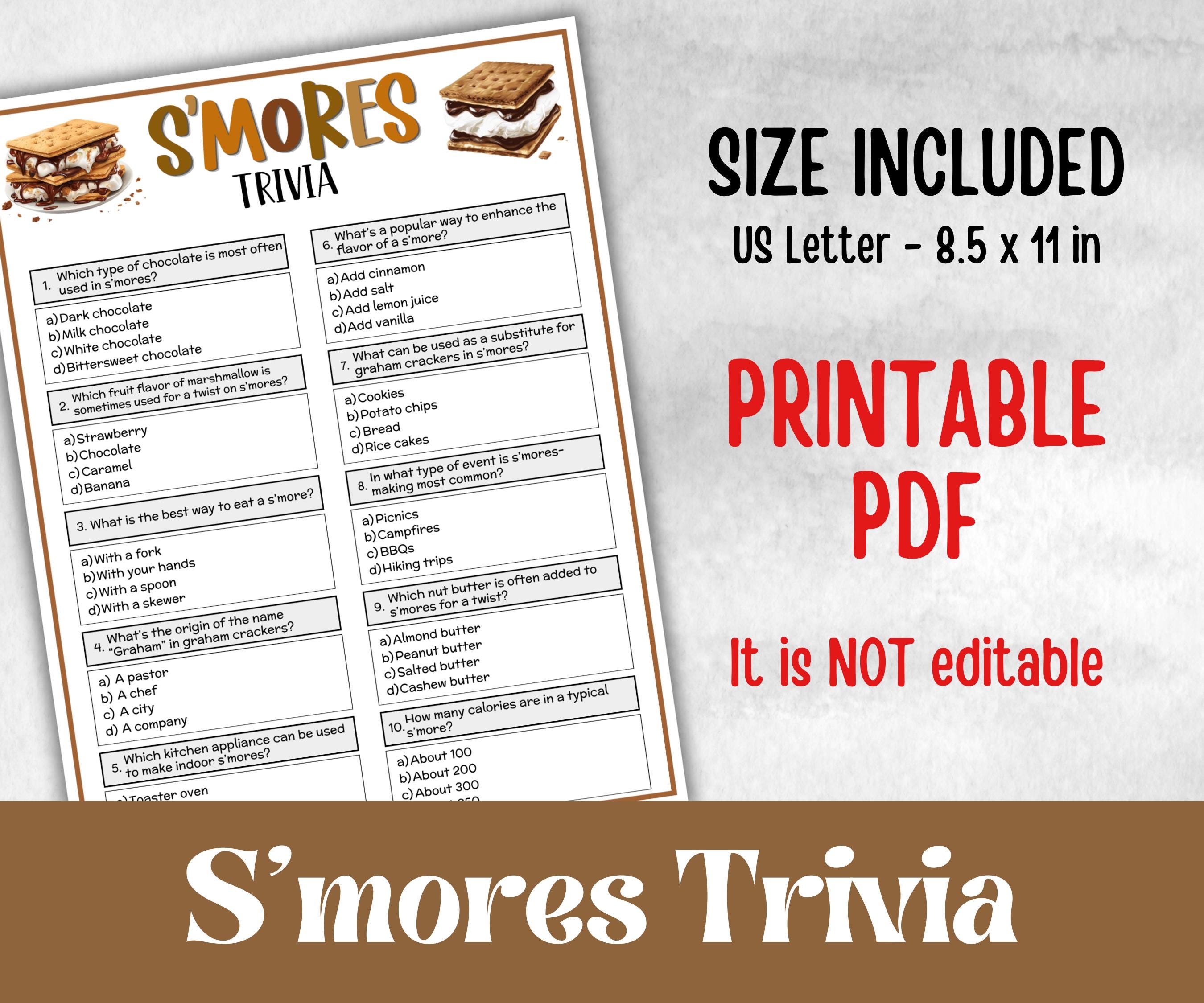 S'mores Trivia, Kids Classroom, Printable group party, campground, overnight camper, smore favor bag, church hiking travel, family reunion