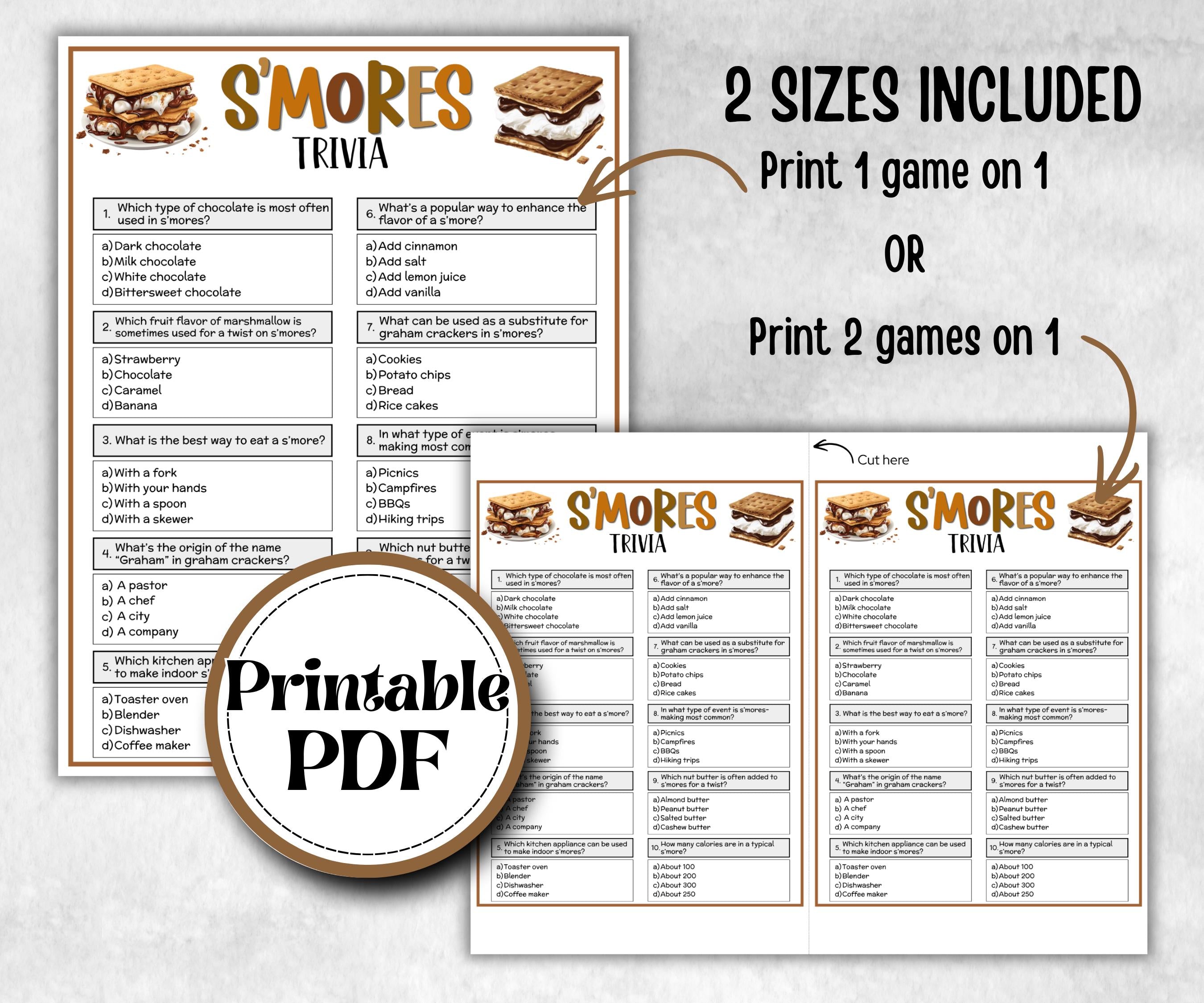 S'mores Trivia, Kids Classroom, Printable group party, campground, overnight camper, smore favor bag, church hiking travel, family reunion