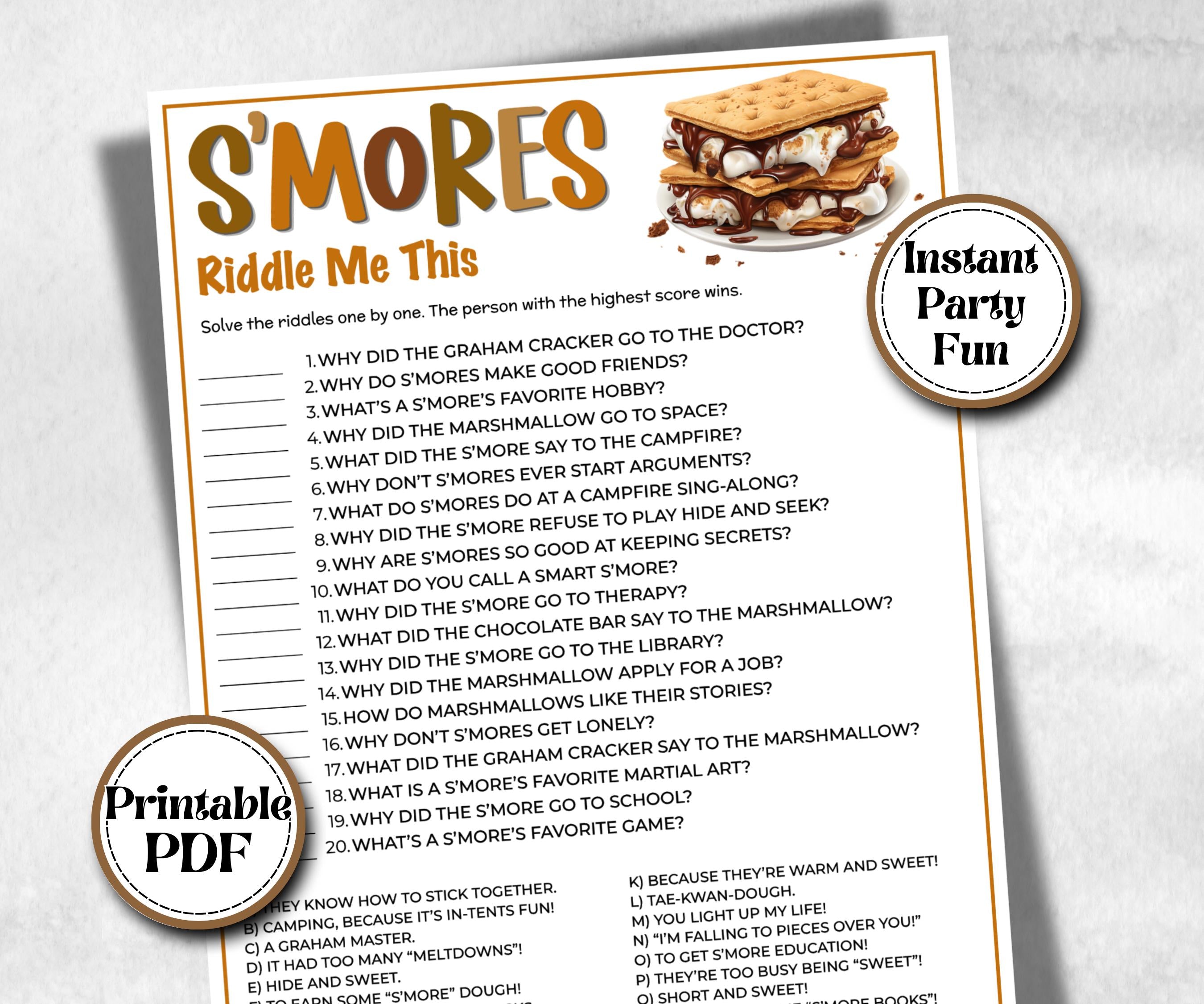 S'mores riddles, Kids Classroom, Printable group party, campground, overnight camper, smore favor bag, church smores jokes, family reunion