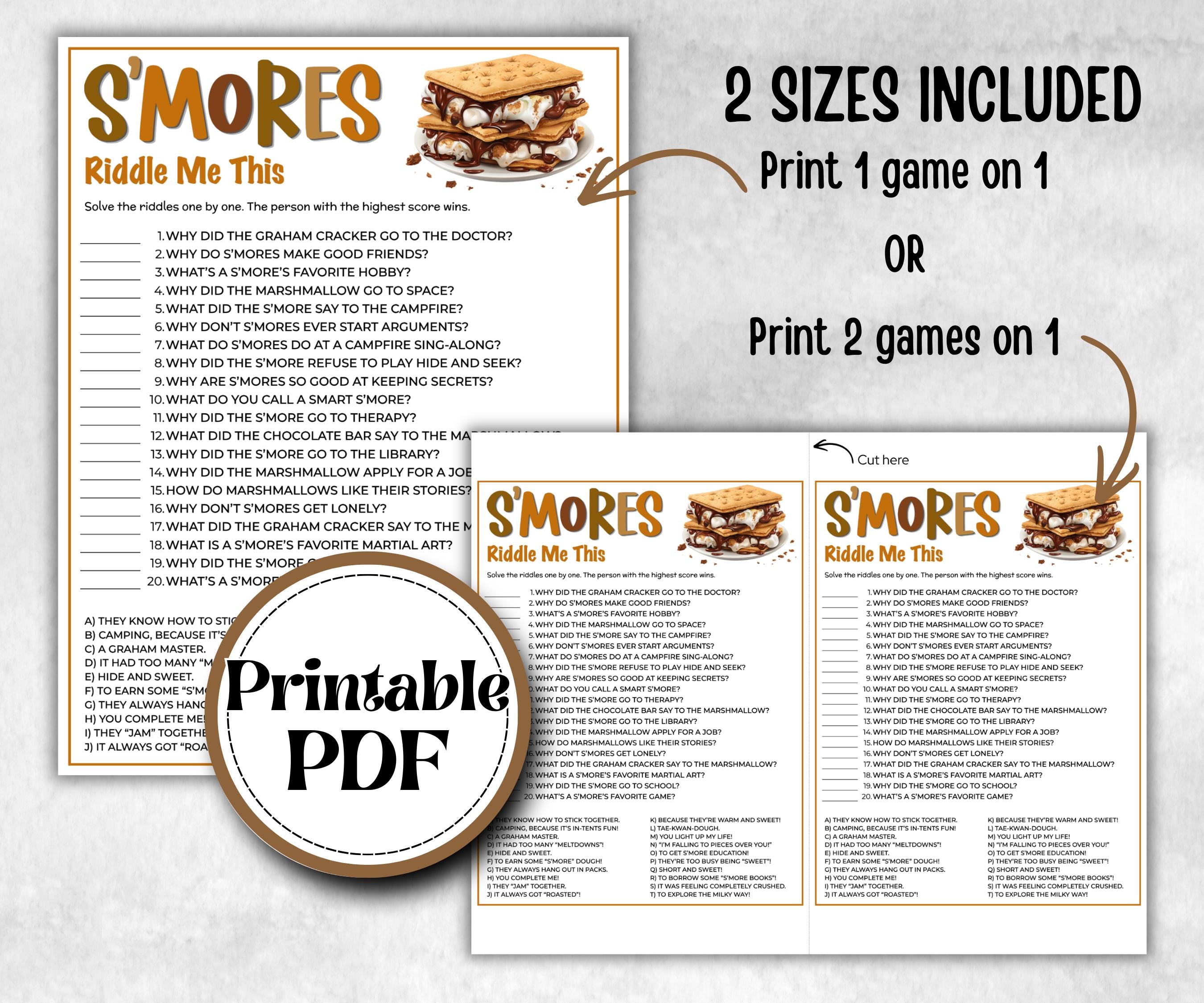S'mores riddles, Kids Classroom, Printable group party, campground, overnight camper, smore favor bag, church smores jokes, family reunion