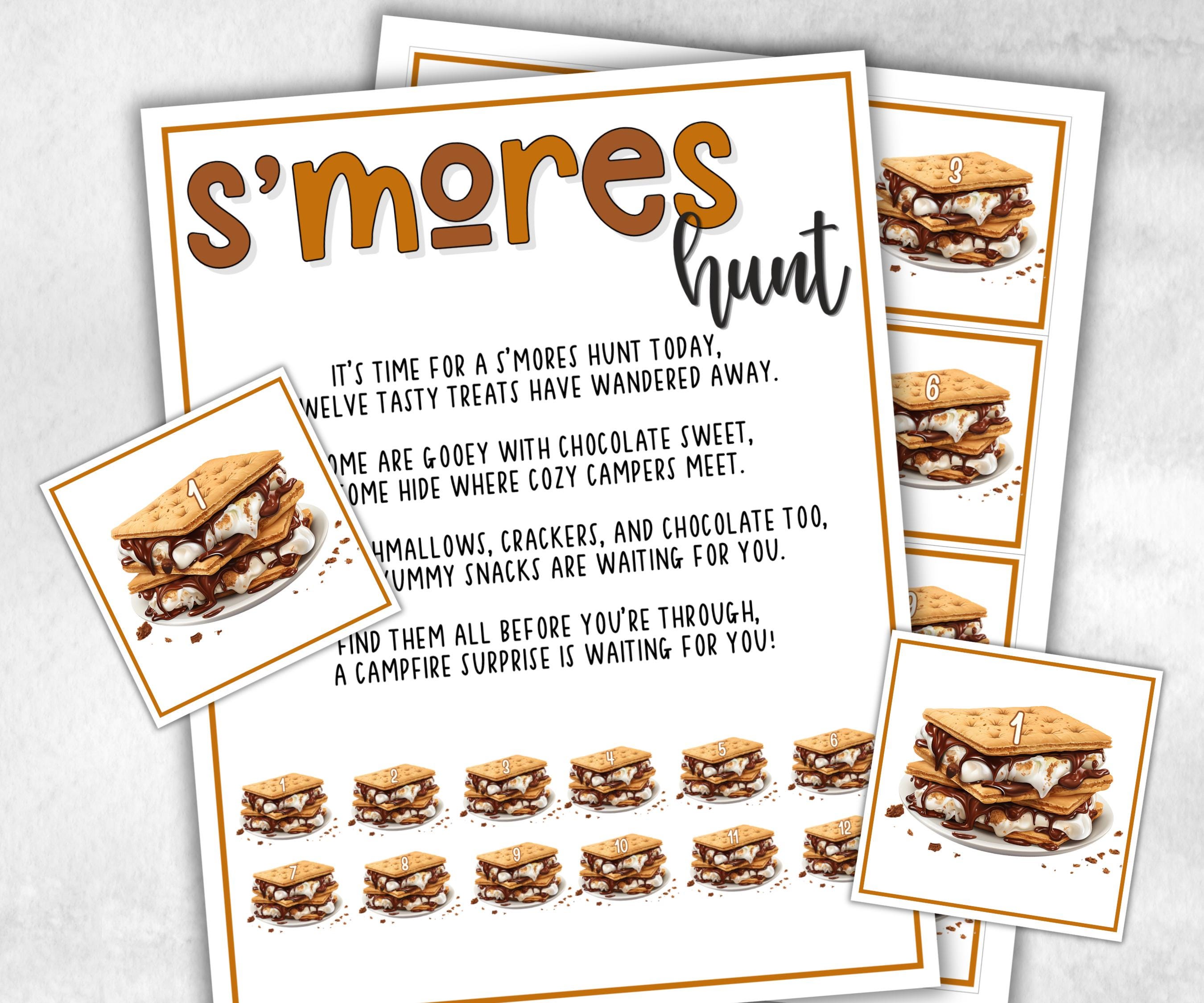 S'mores Indoor Outdoor Scavanger Hunt, Printable group party, campground, overnight camper, Backyard treasure hunt, kindergarten, at home