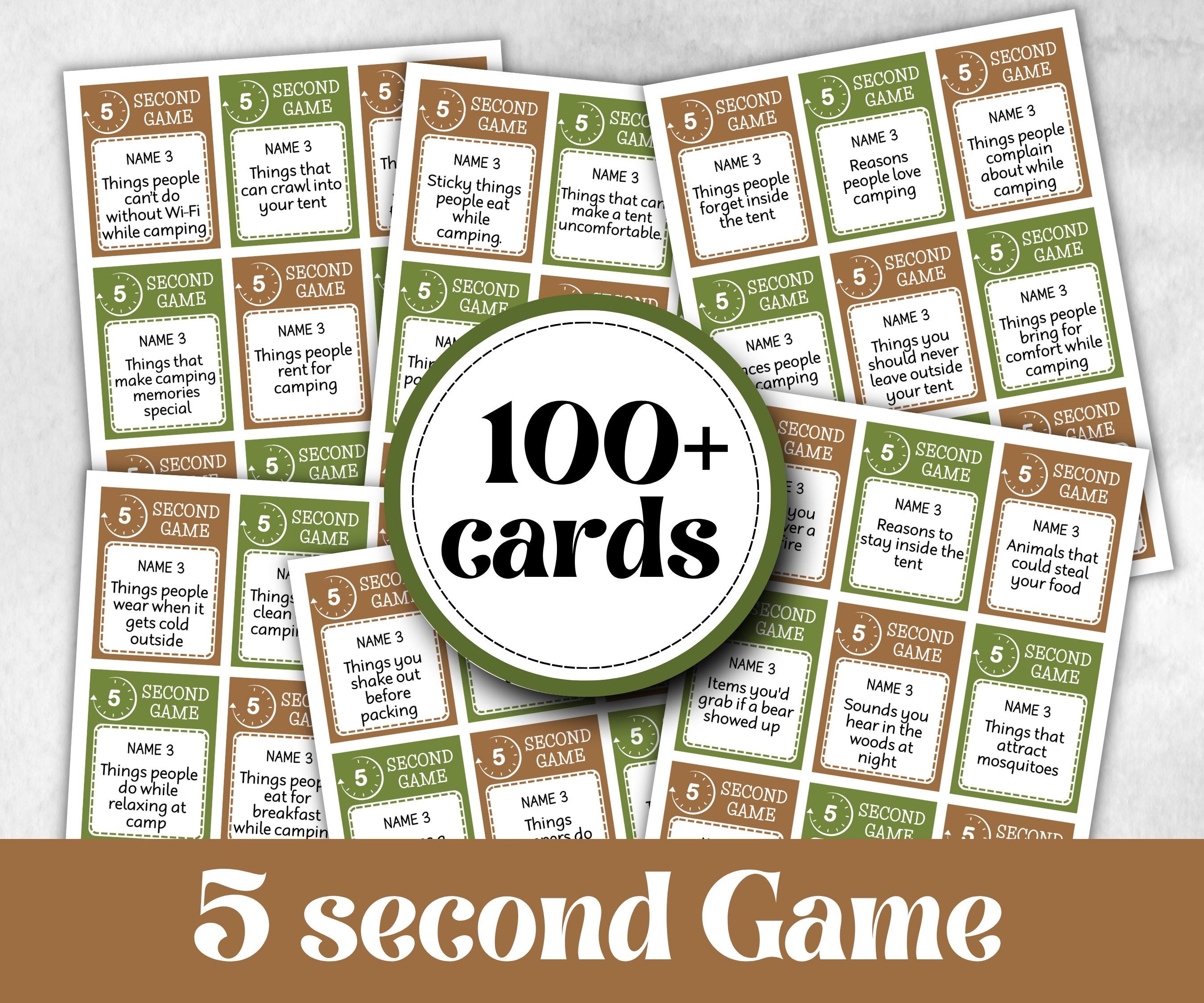 Camping 5 second game, Trivia game night, office team, camping theme birthday, outdoor yard party, youth group, think fast, five sec word
