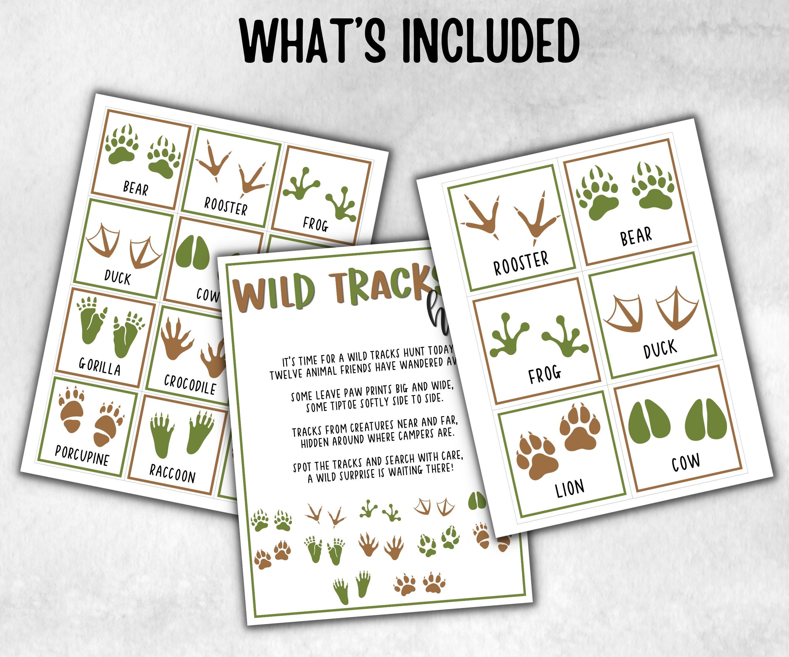 Wild Tracks Scavenger Hunt, fire pit activities, Printable outdoor treasure hunt, backyard bbq, summer campfire, Animal tracks, footprints