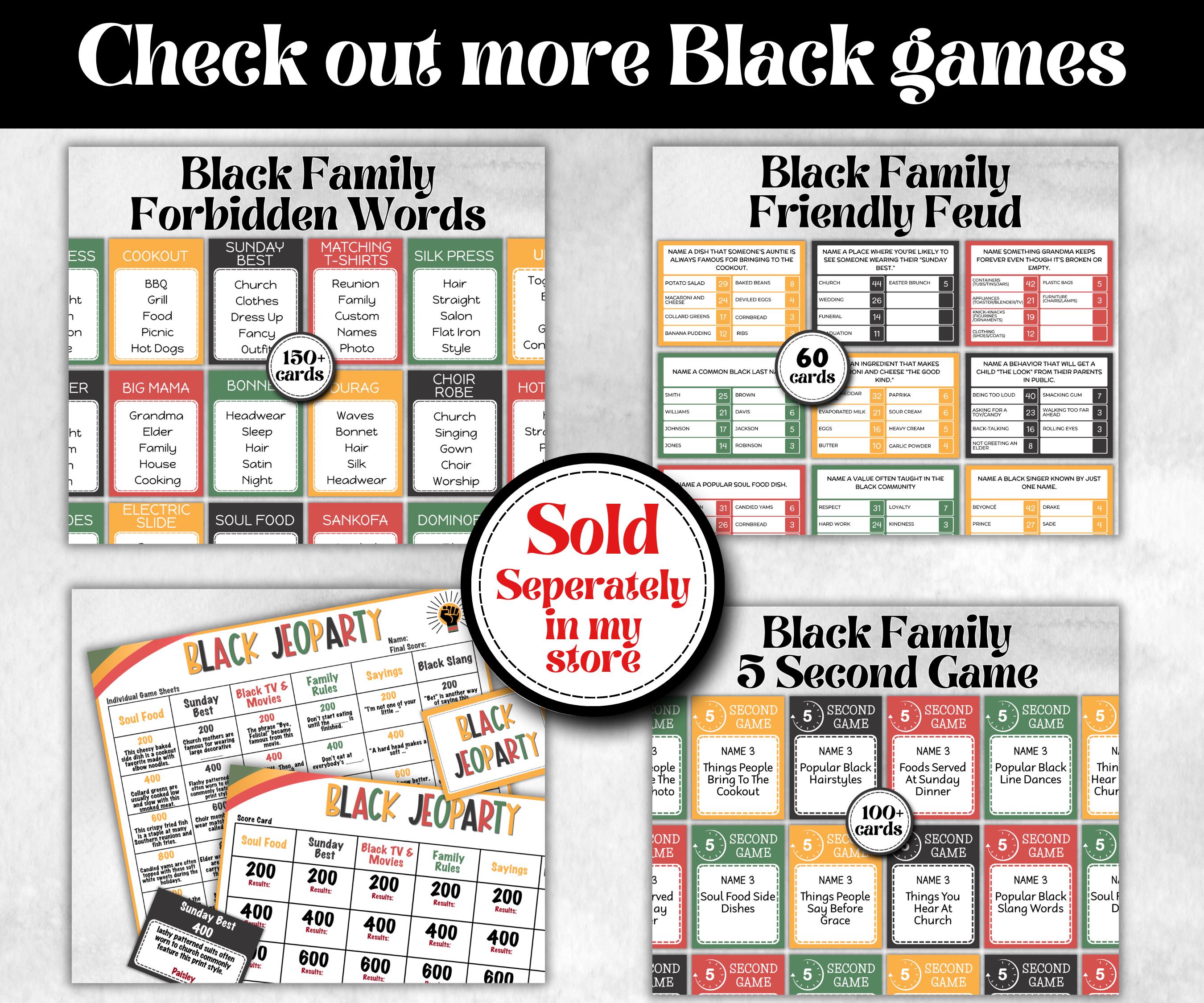 Black Family Reunion 5 second game, African American, Black Culture, Birthday icebreaker activity, community picnic, classroom activity