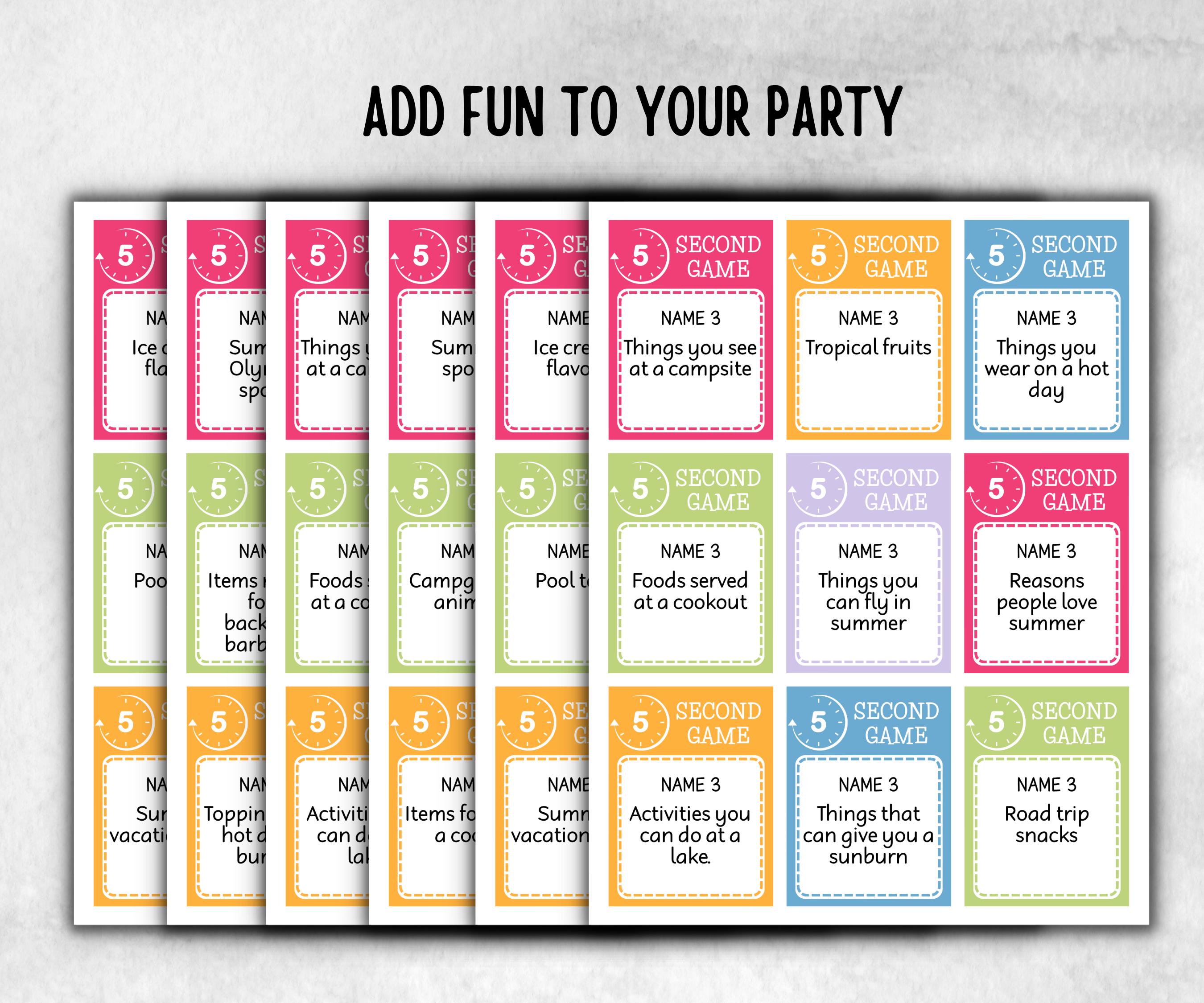 Summer 5 seconds game, Family Game Night, Ice breaker, beach party, breakfast, Road Trips, sunday school, pool party BBQ, five seconds quiz