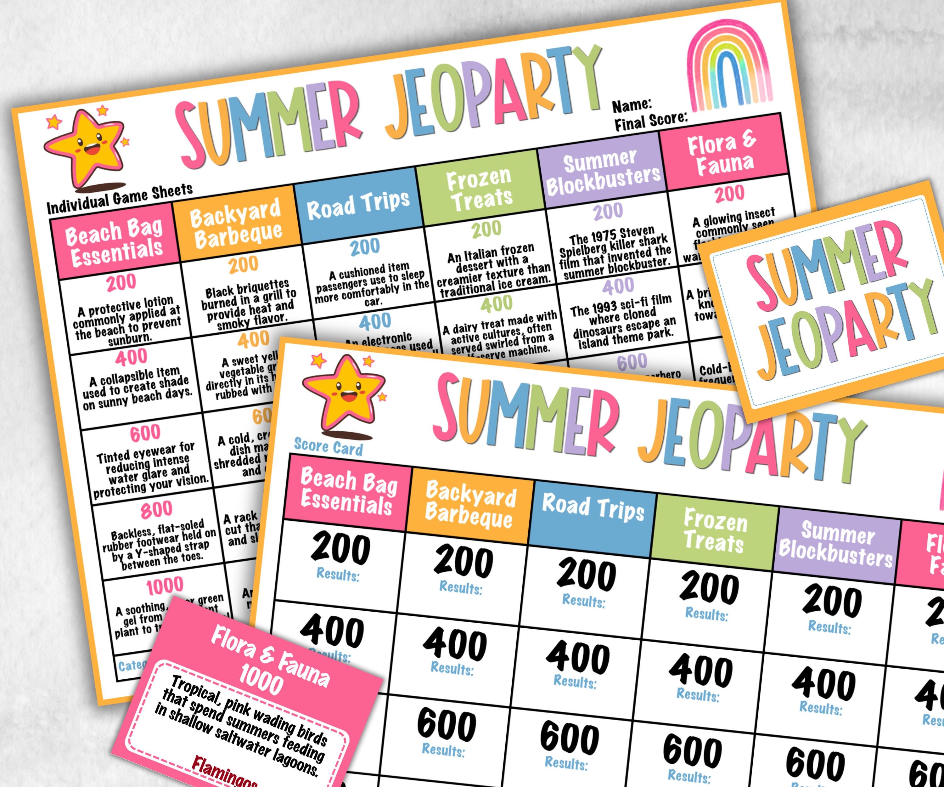 Summer Jeoparty, Family Game Night, Ice breaker, beach party, breakfast, Road Trips, sunday school, pool party BBQ, five seconds quiz