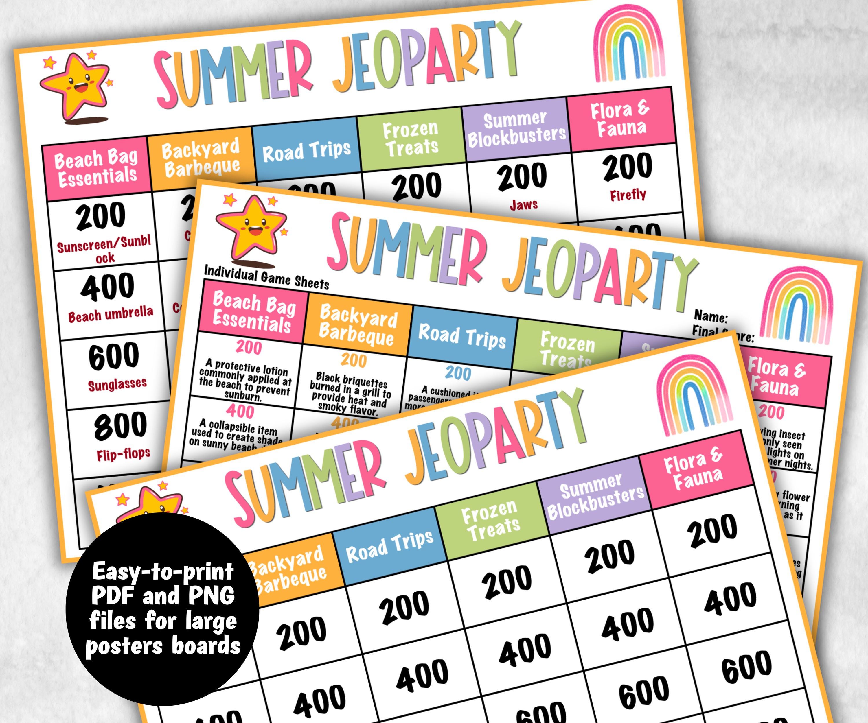 Summer Jeoparty, Family Game Night, Ice breaker, beach party, breakfast, Road Trips, sunday school, pool party BBQ, five seconds quiz