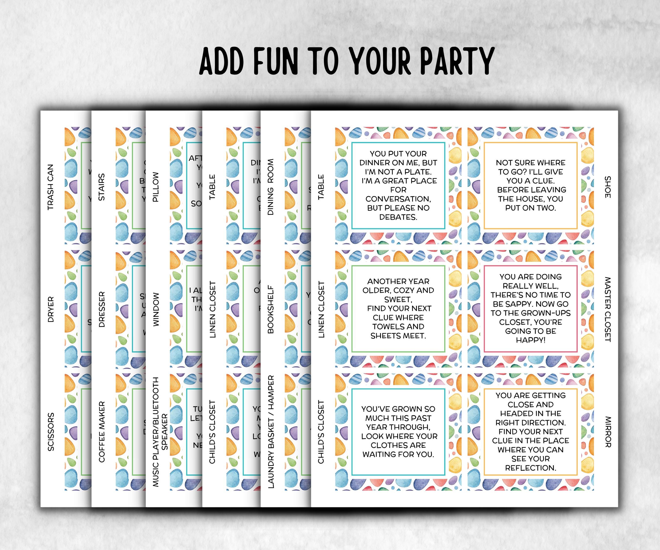 Birthday Scavenger Hunt for Teen Tweens, Boy Girl Birthday, Indoor game for older kid, milestone birthday gift, tricky treasure hunt, 48 Clu
