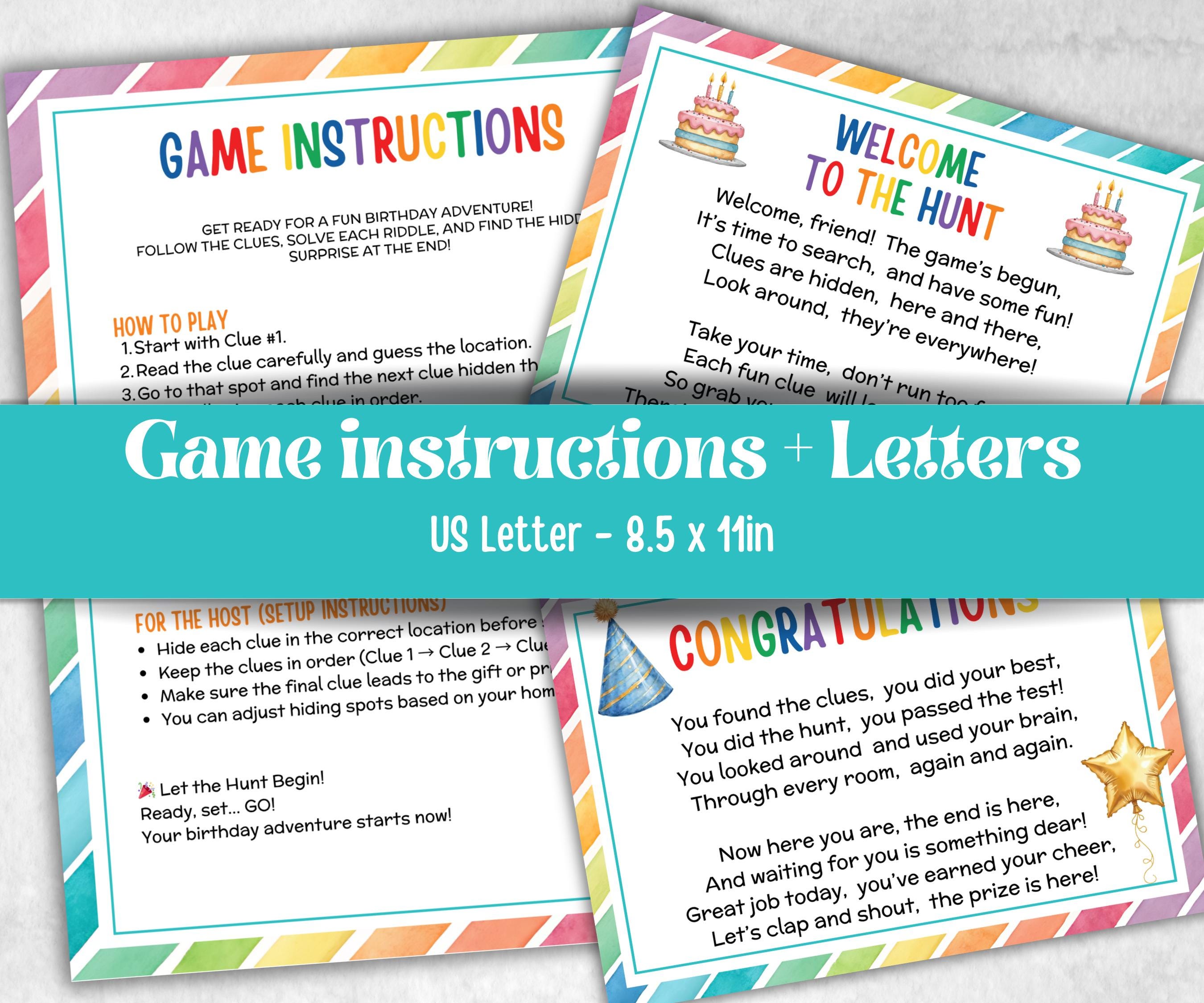 Birthday Indoor Scavenger Hunt for kids, Boy Girl Birthday, game for older kid, milestone birthday gift, tricky treasure hunt, 48 hunt Clues