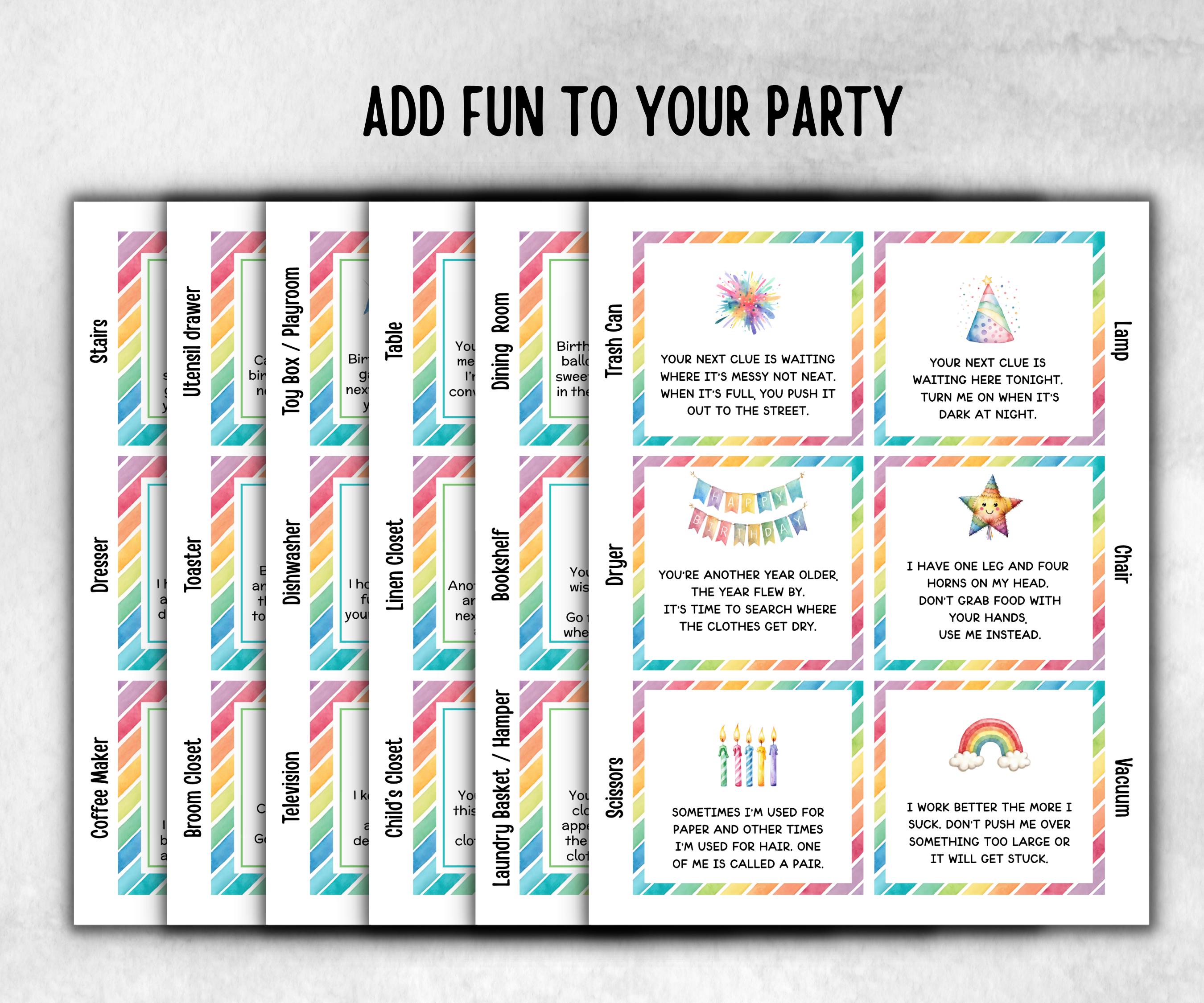 Birthday Indoor Scavenger Hunt for kids, Boy Girl Birthday, game for older kid, milestone birthday gift, tricky treasure hunt, 48 hunt Clues