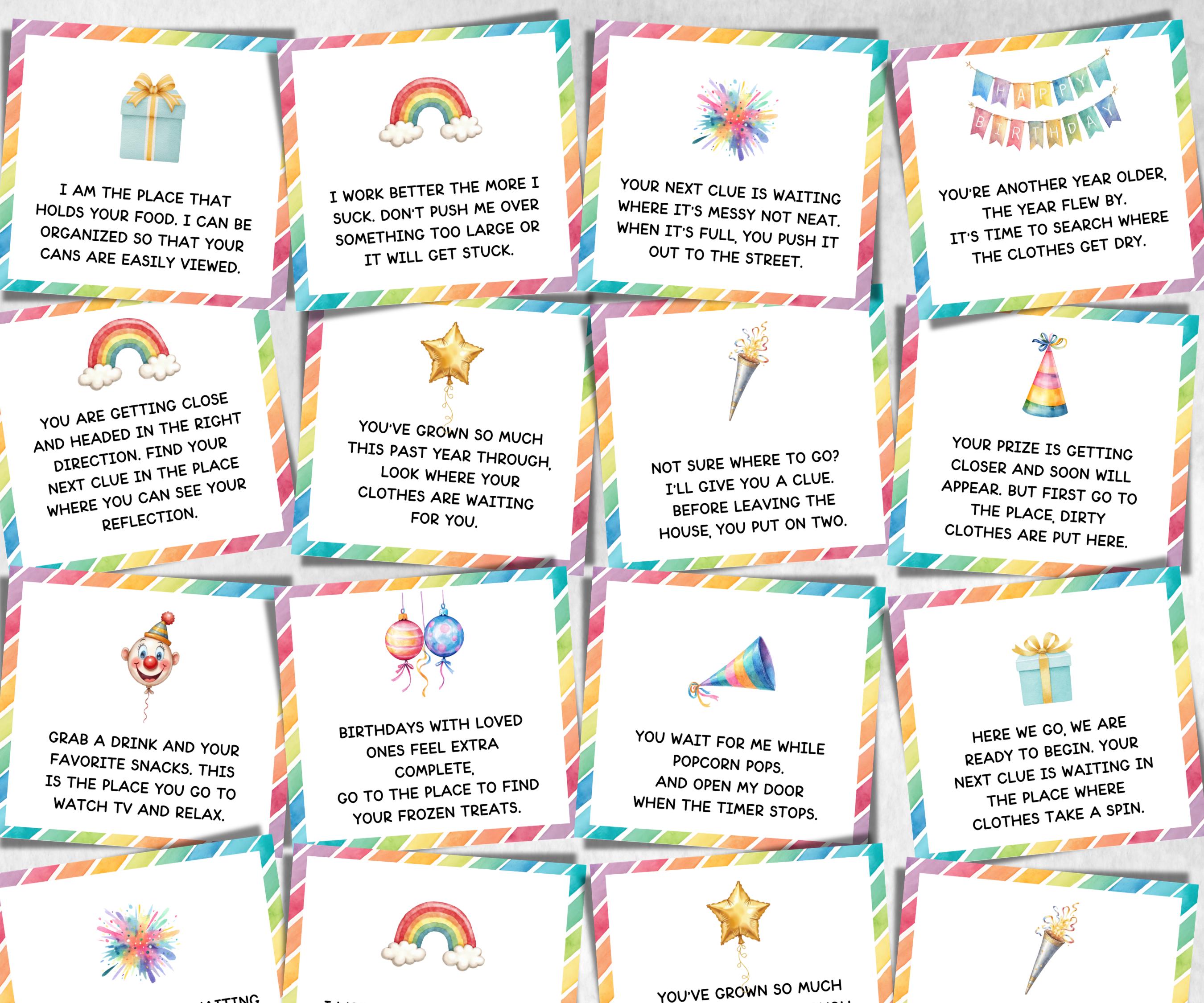 Birthday Indoor Scavenger Hunt for kids, Boy Girl Birthday, game for older kid, milestone birthday gift, tricky treasure hunt, 48 hunt Clues