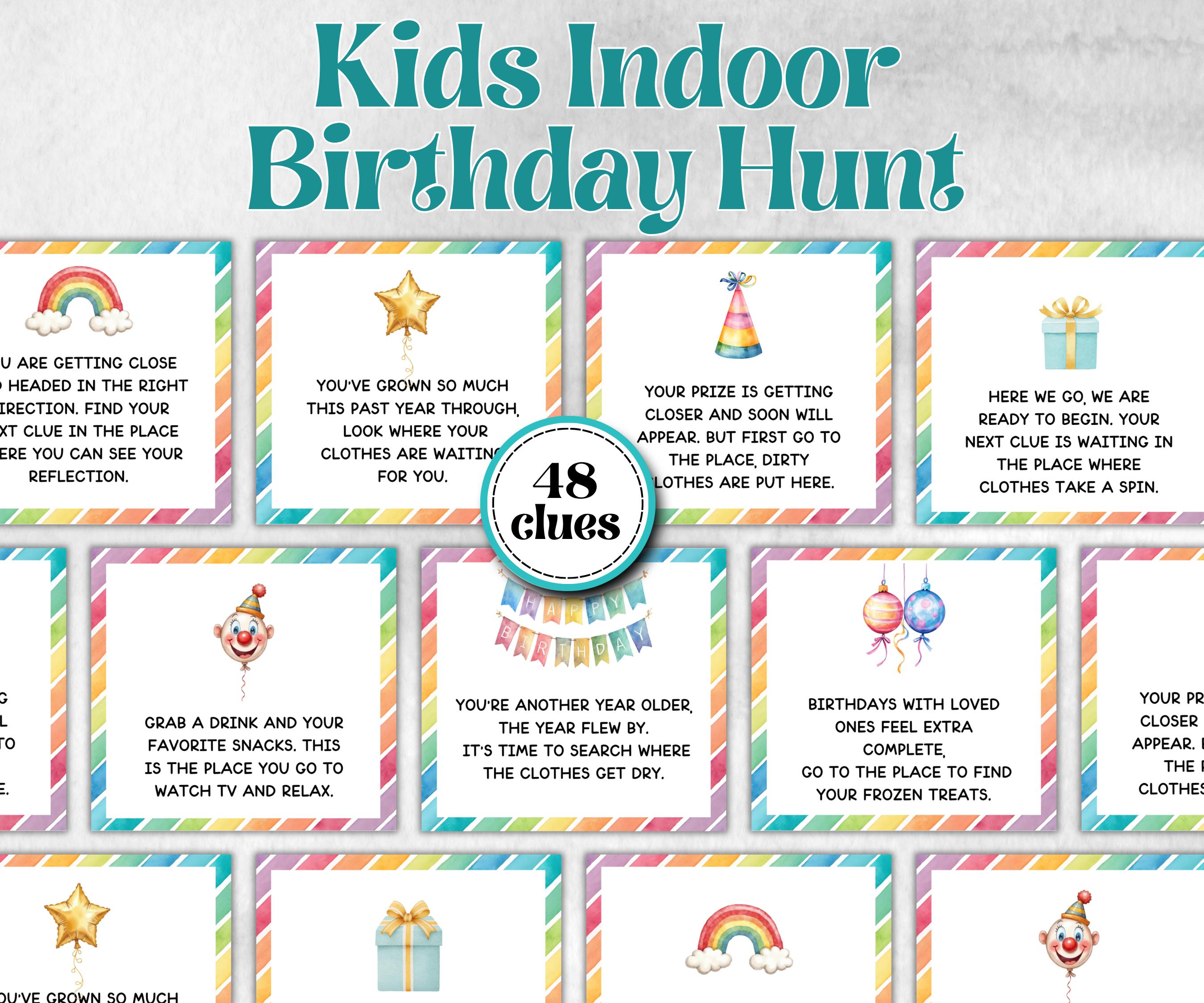 Birthday Indoor Scavenger Hunt for kids, Boy Girl Birthday, game for older kid, milestone birthday gift, tricky treasure hunt, 48 hunt Clues