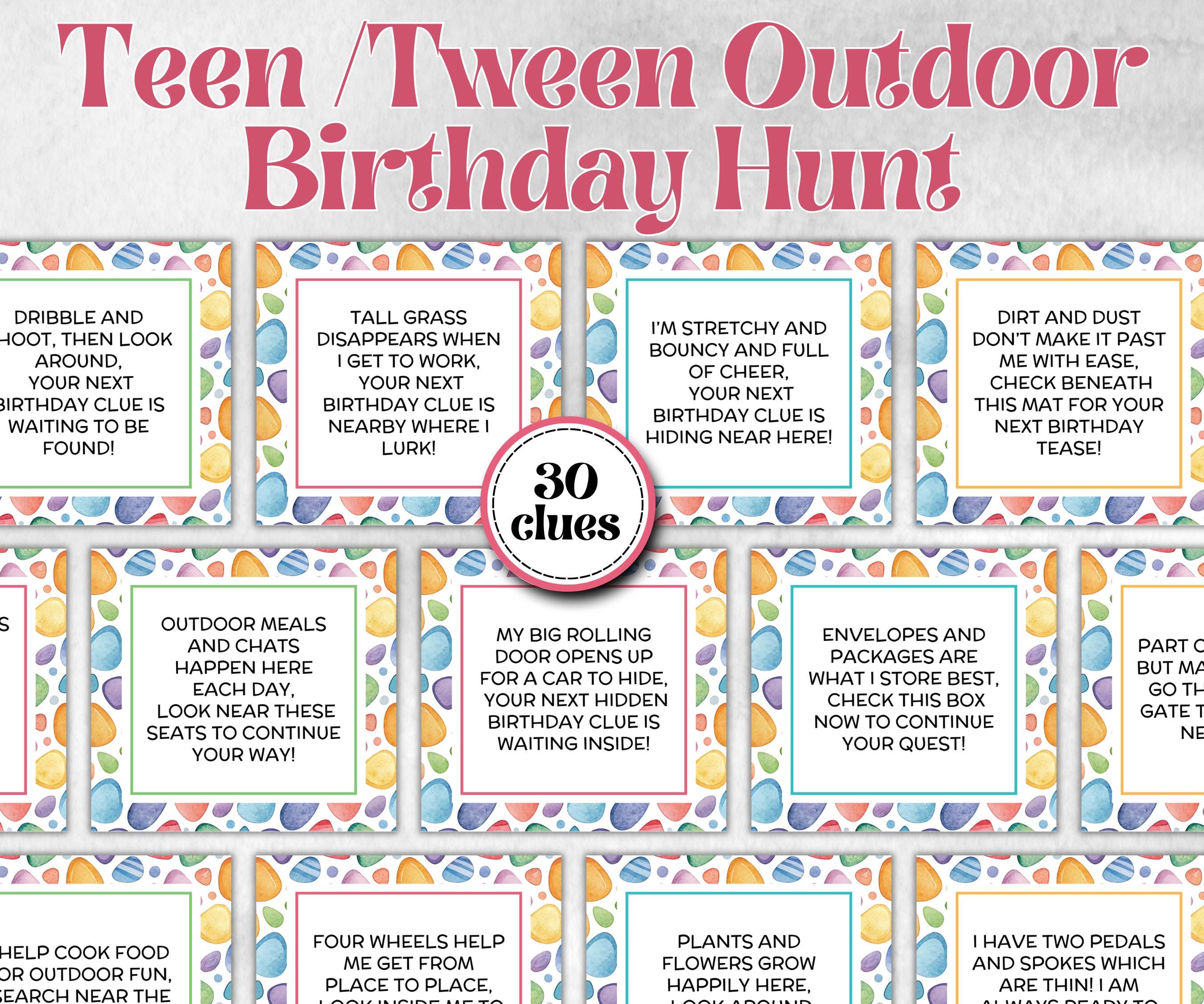 Teen Tween Outdoor Birthday Scavenger Hunt, Boy Girl Birthday, game for older kid, milestone birthday gift, tricky treasure hunt, 30 clues