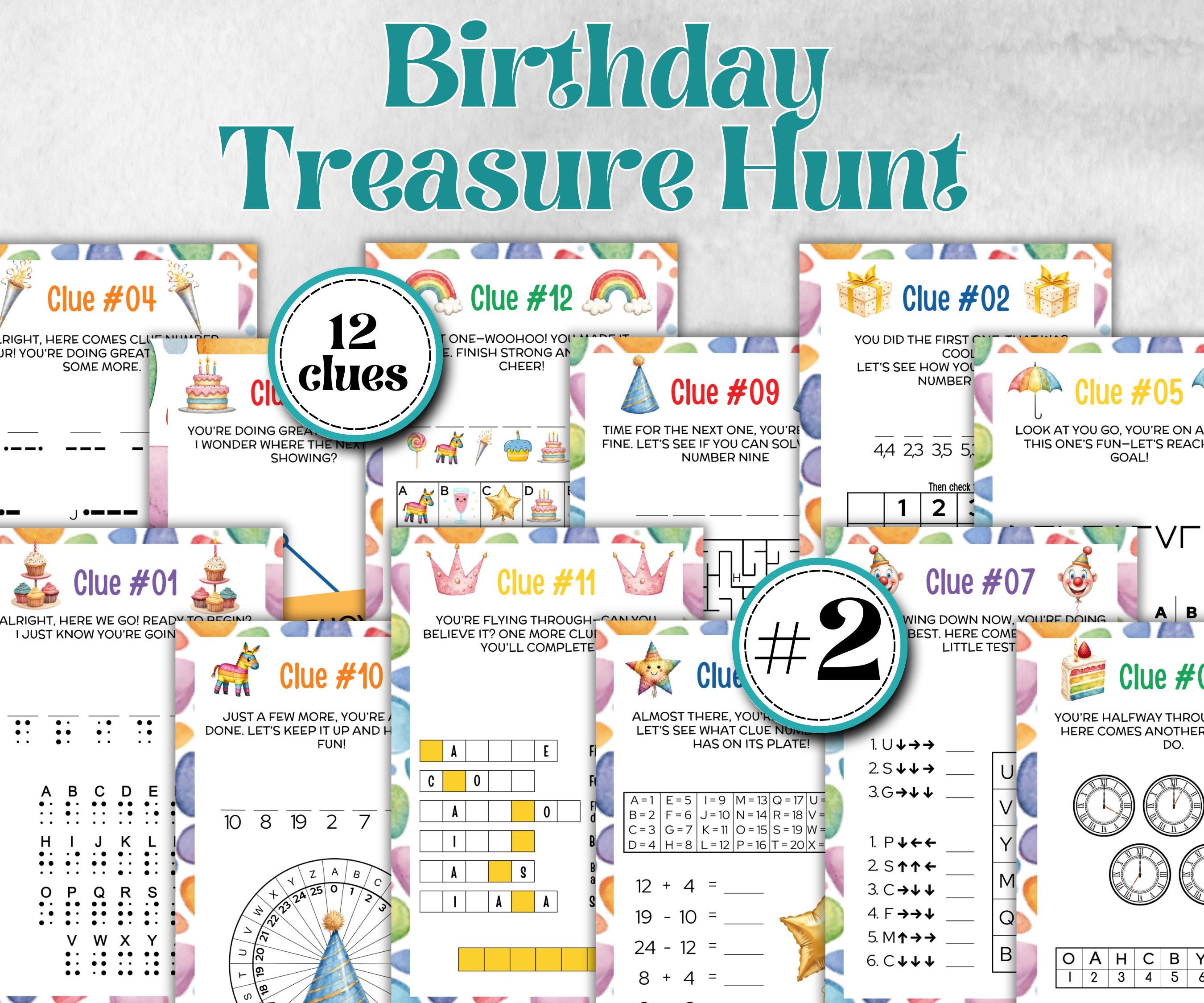 Birthday Indoor Treasure Hunt for kids, 12 hunt Clues, Boy Girl Birthday, game for older kid, milestone birthday gift, tricky treasure hunt