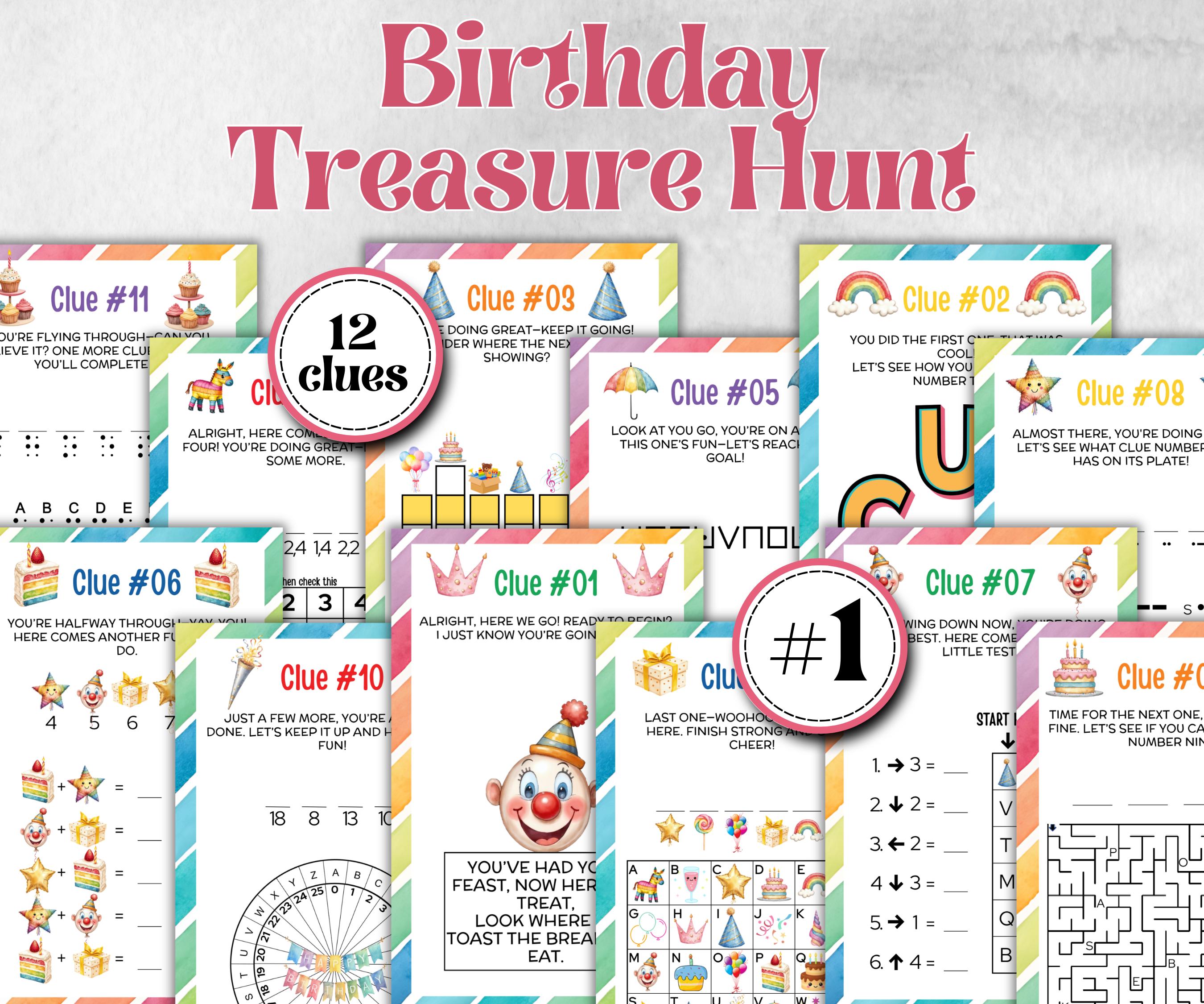 Birthday Treasure Hunt for kids, Boy Girl Birthday, Indoor game for older kid, milestone birthday gift, tricky treasure hunt, 12 hunt Clues