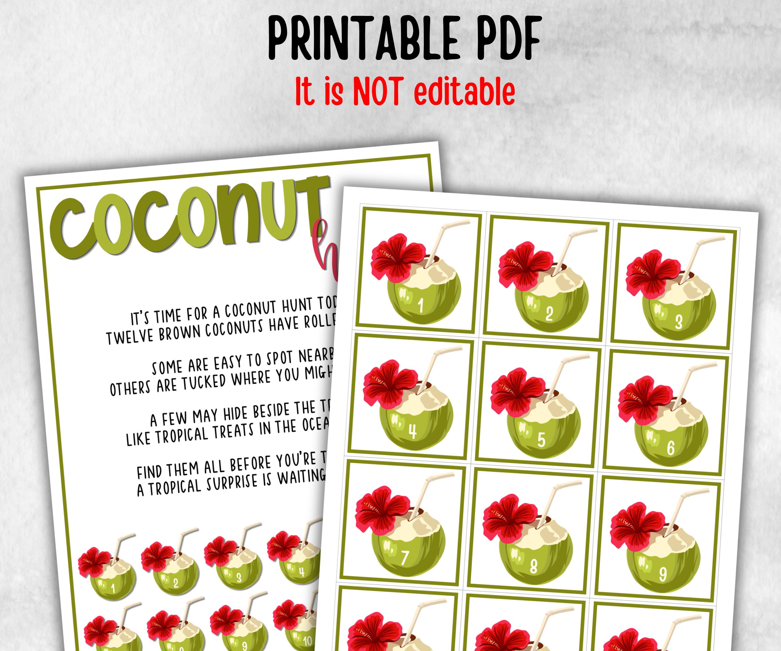 Coconut Scavenger Hunt for Kids, Hawaiian Theme party, Tropical Beach game, Fruits themed kids birthday, party icebreaker idea, Luau party