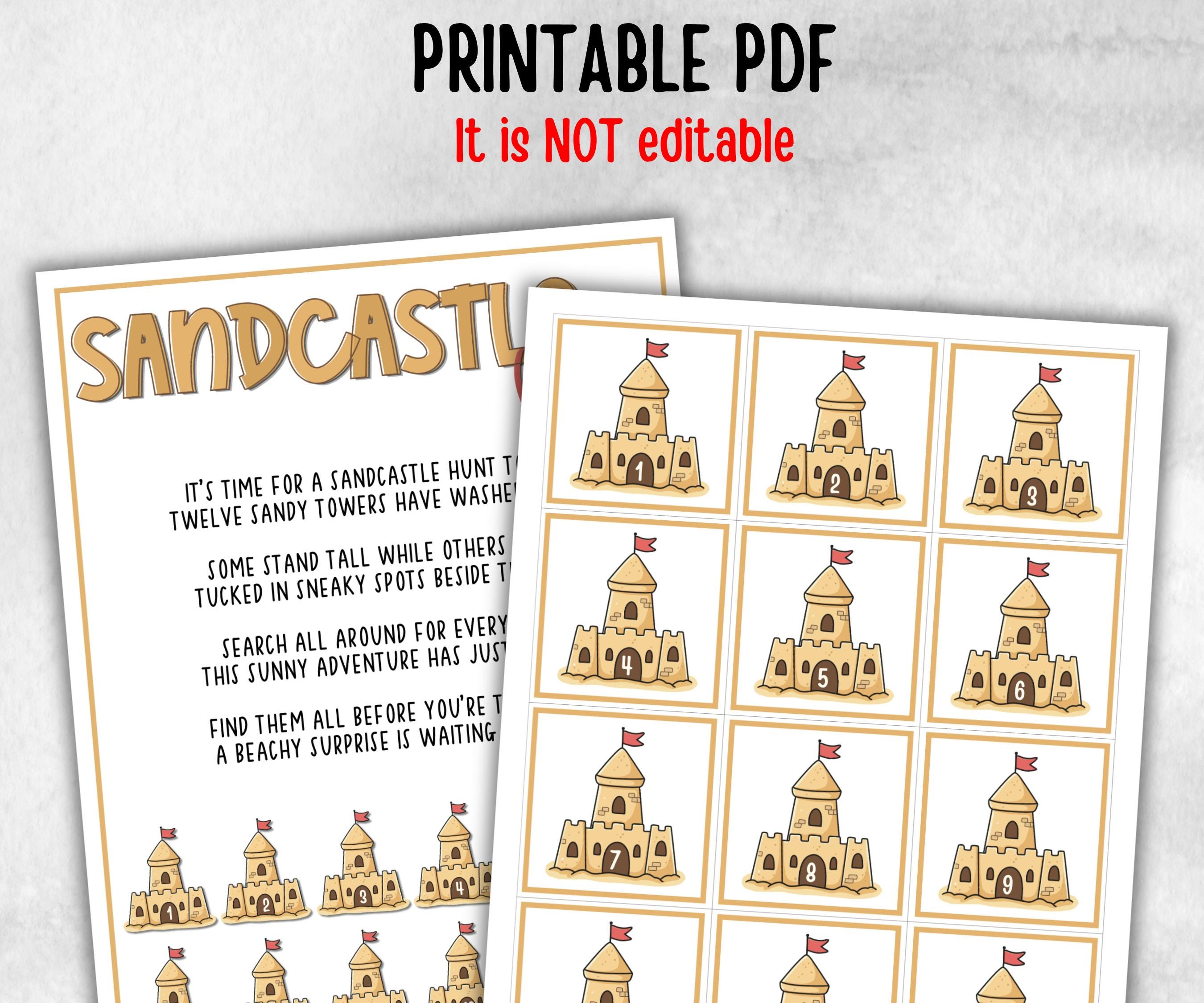 Sandcastle Scavenger Hunt for kids, backyard hunt, themed birthday, tea party, spring yard games, icebreaker idea, Beach Pool Party activity