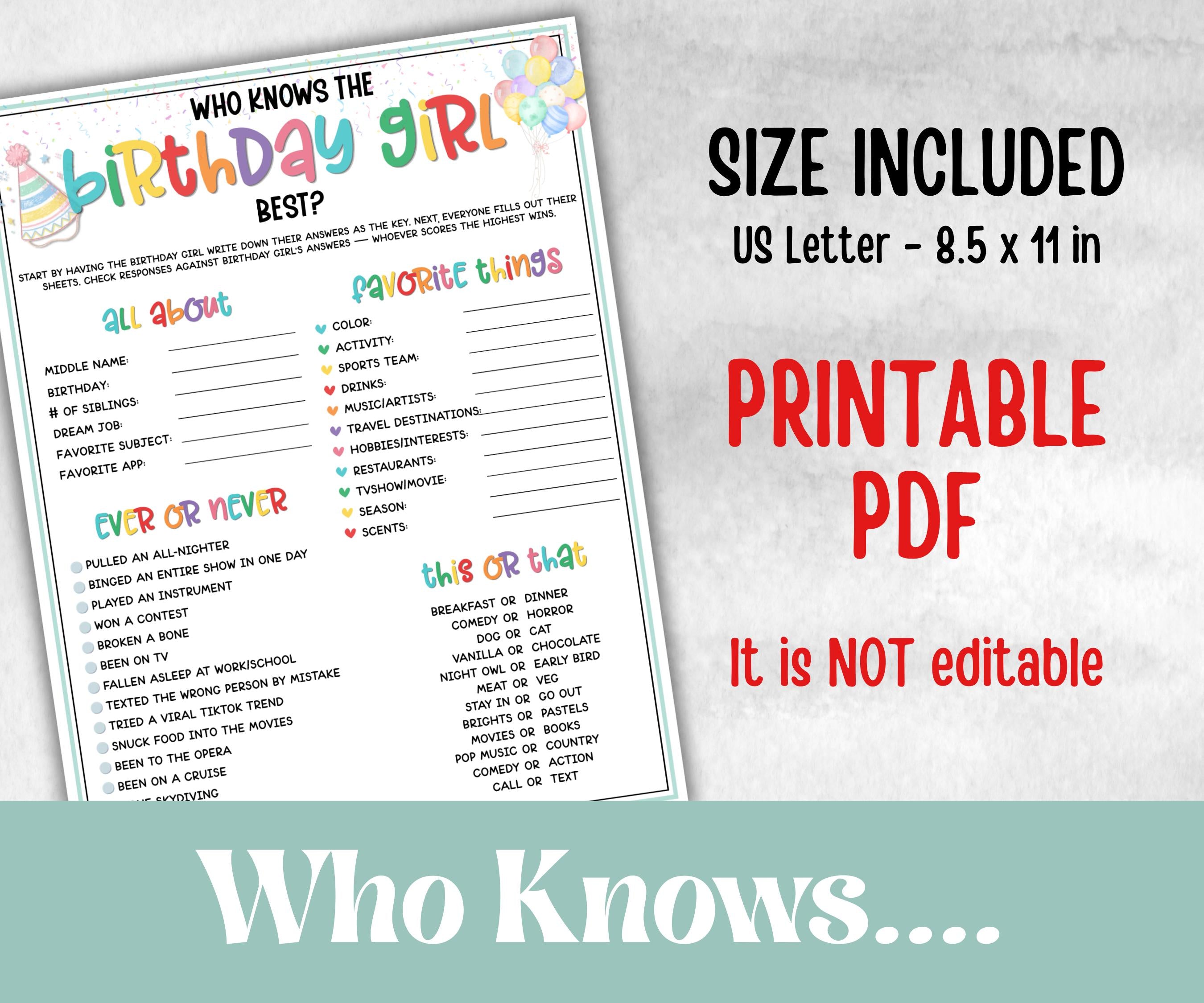 Who Knows The Birthday Girl Best, preteen at home game, Kids Party activity, large group party, themed birthday, All about me birthday fun