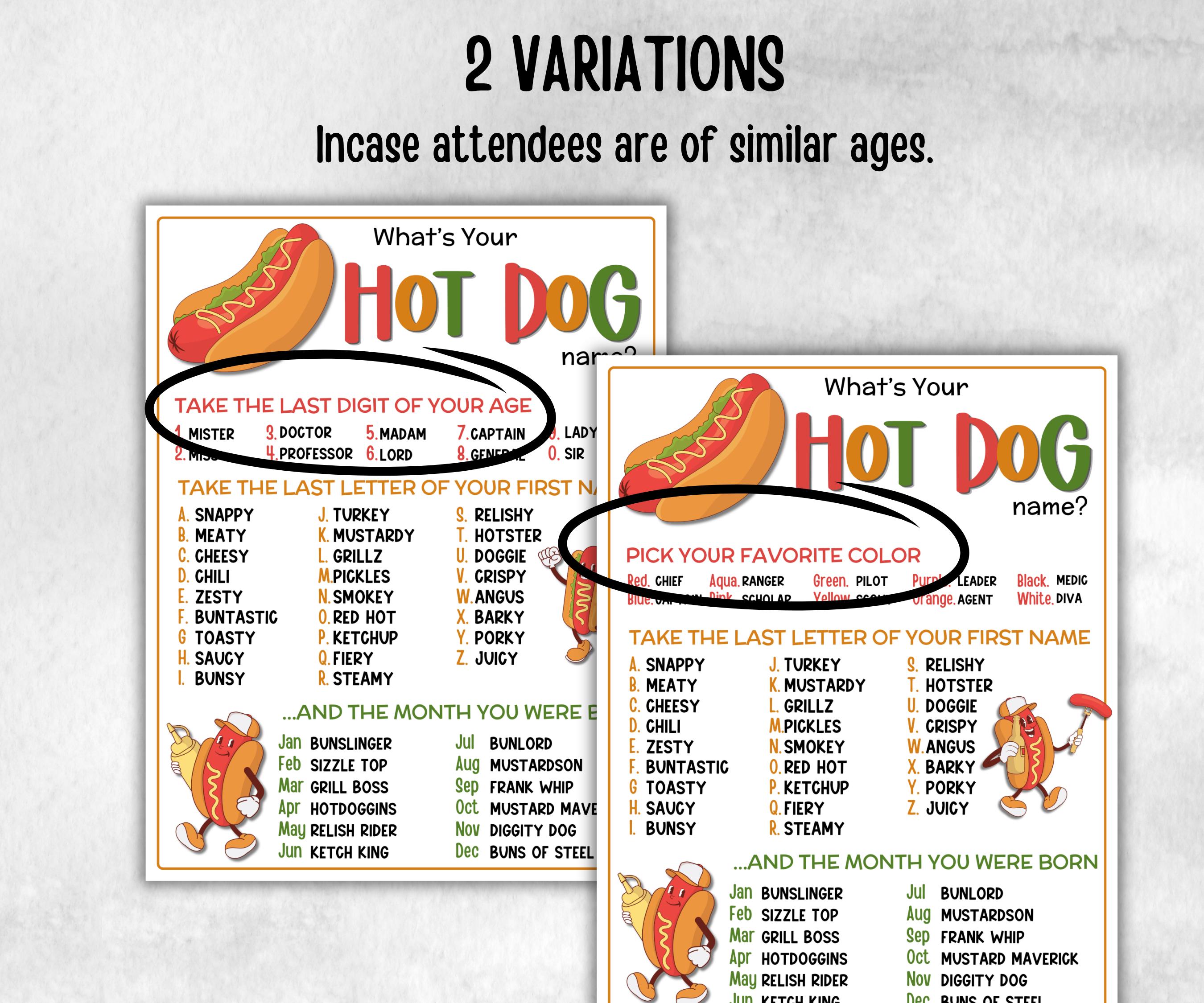 What is your Hot dog name, Name board sign, Name tags, fourth of july, church mix and mingle, summer BBQ, family reunion party, backyard
