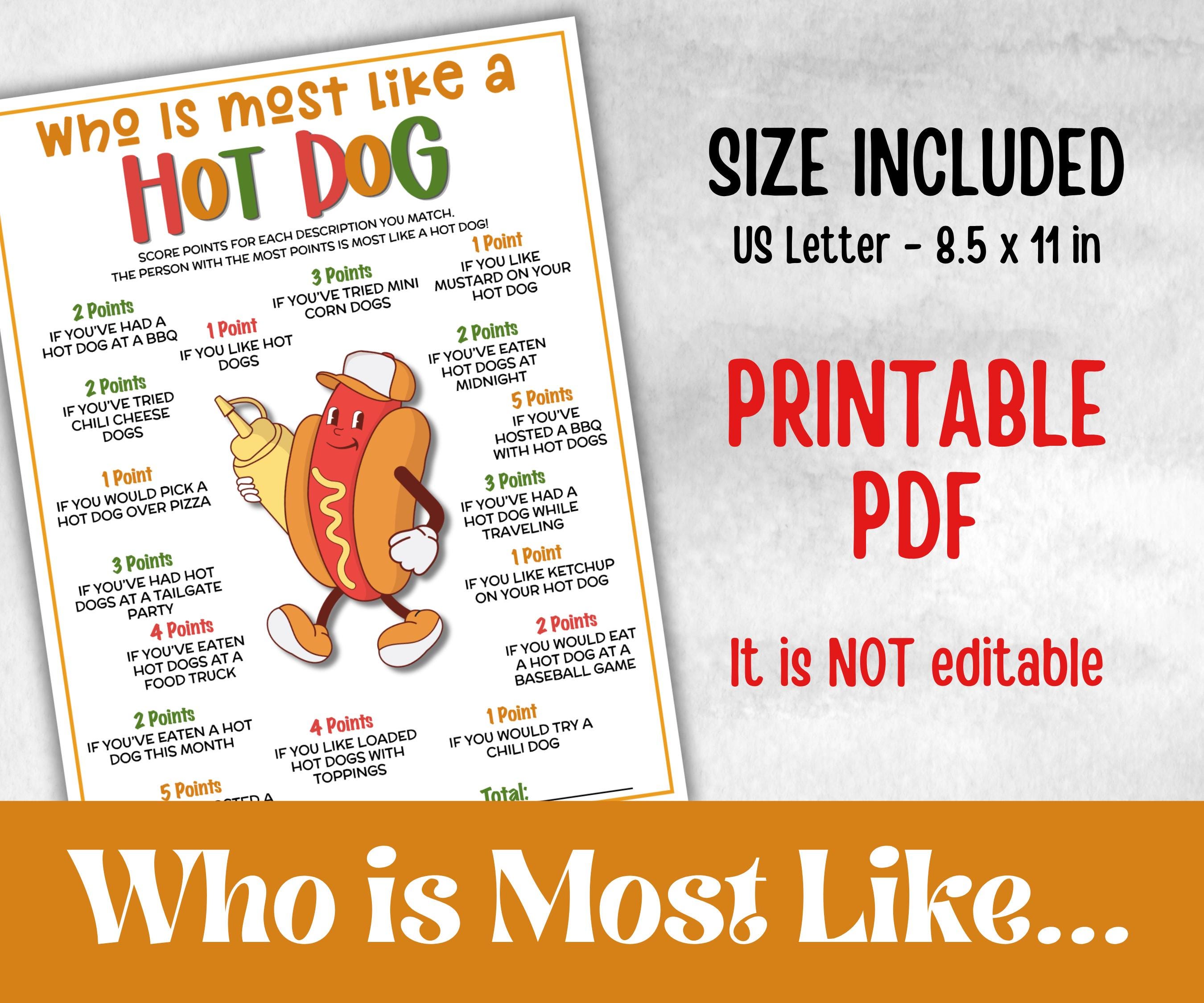 Who is most like a hot dog, name generator, fourth of july, church mix and mingle, summer BBQ, family reunion party, printable backyard game