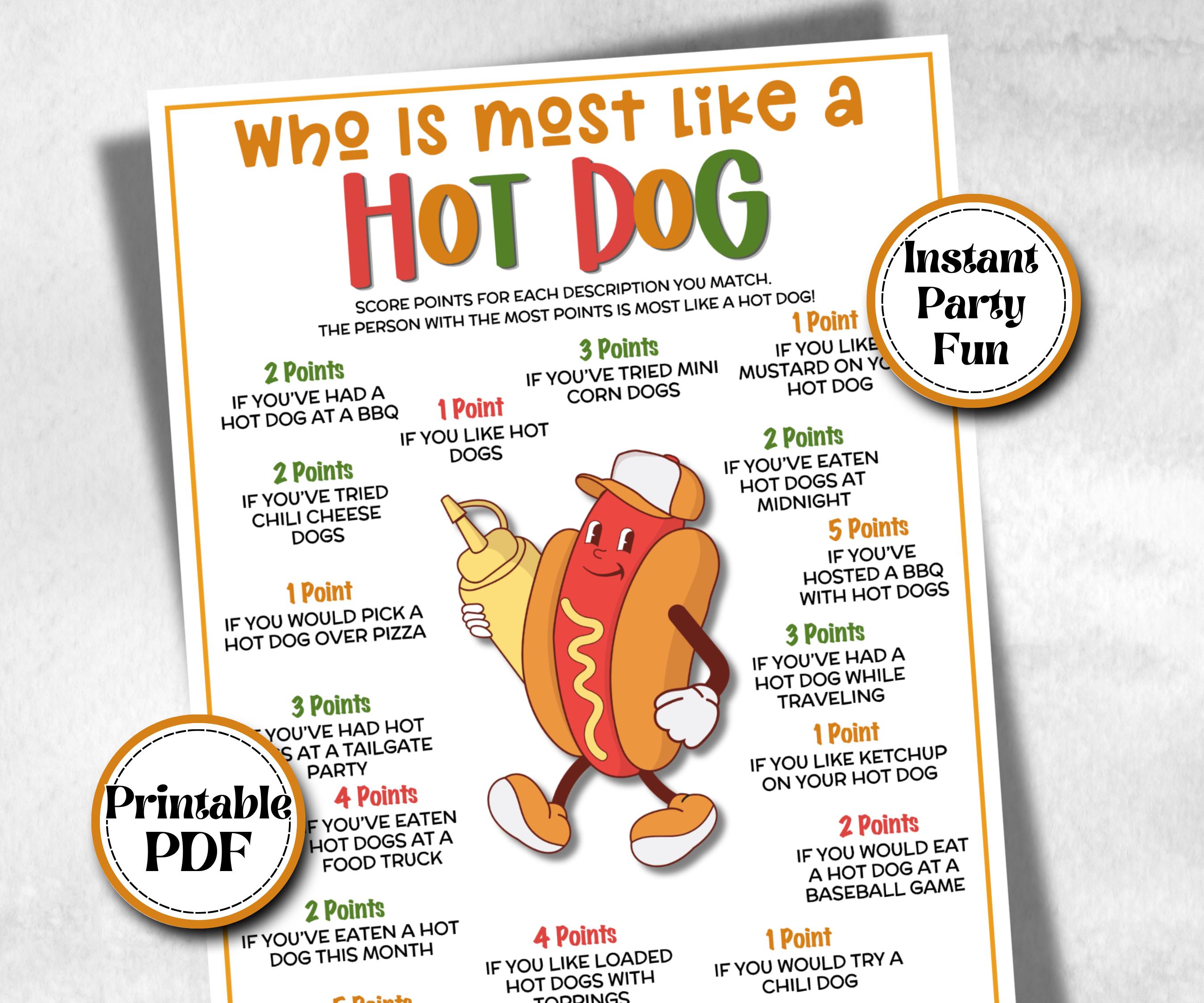 Who is most like a hot dog, name generator, fourth of july, church mix and mingle, summer BBQ, family reunion party, printable backyard game