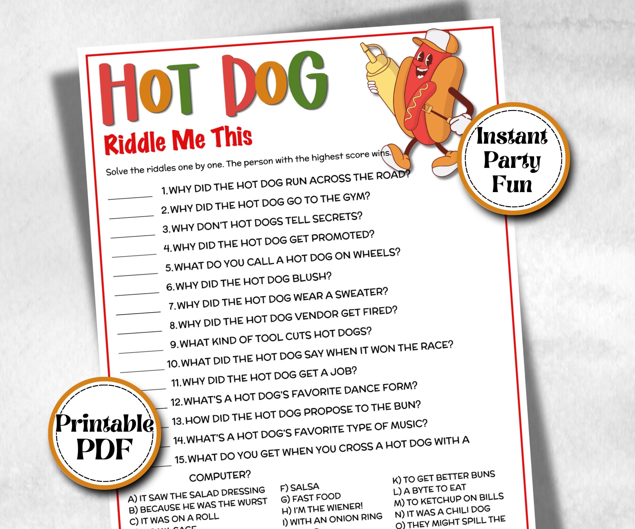 Hot Dog Riddles Jokes, Summer Birthday, Summer Camp Games, church mix and mingle, summer BBQ, family reunion party, printable backyard game