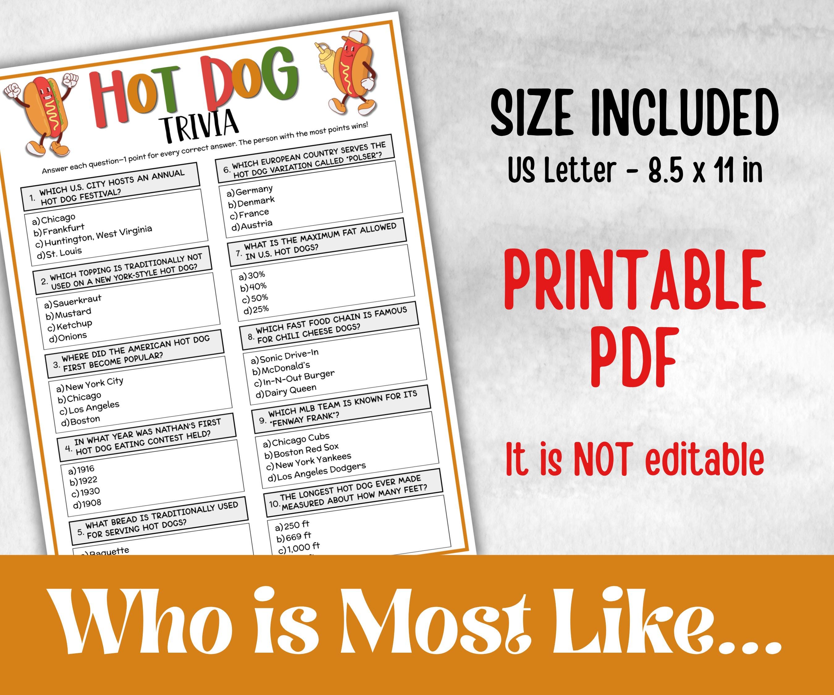 Hot Dog Trivia, Summer Birthday, Summer Camp Games, church mix and mingle, summer BBQ, family reunion party, printable backyard game
