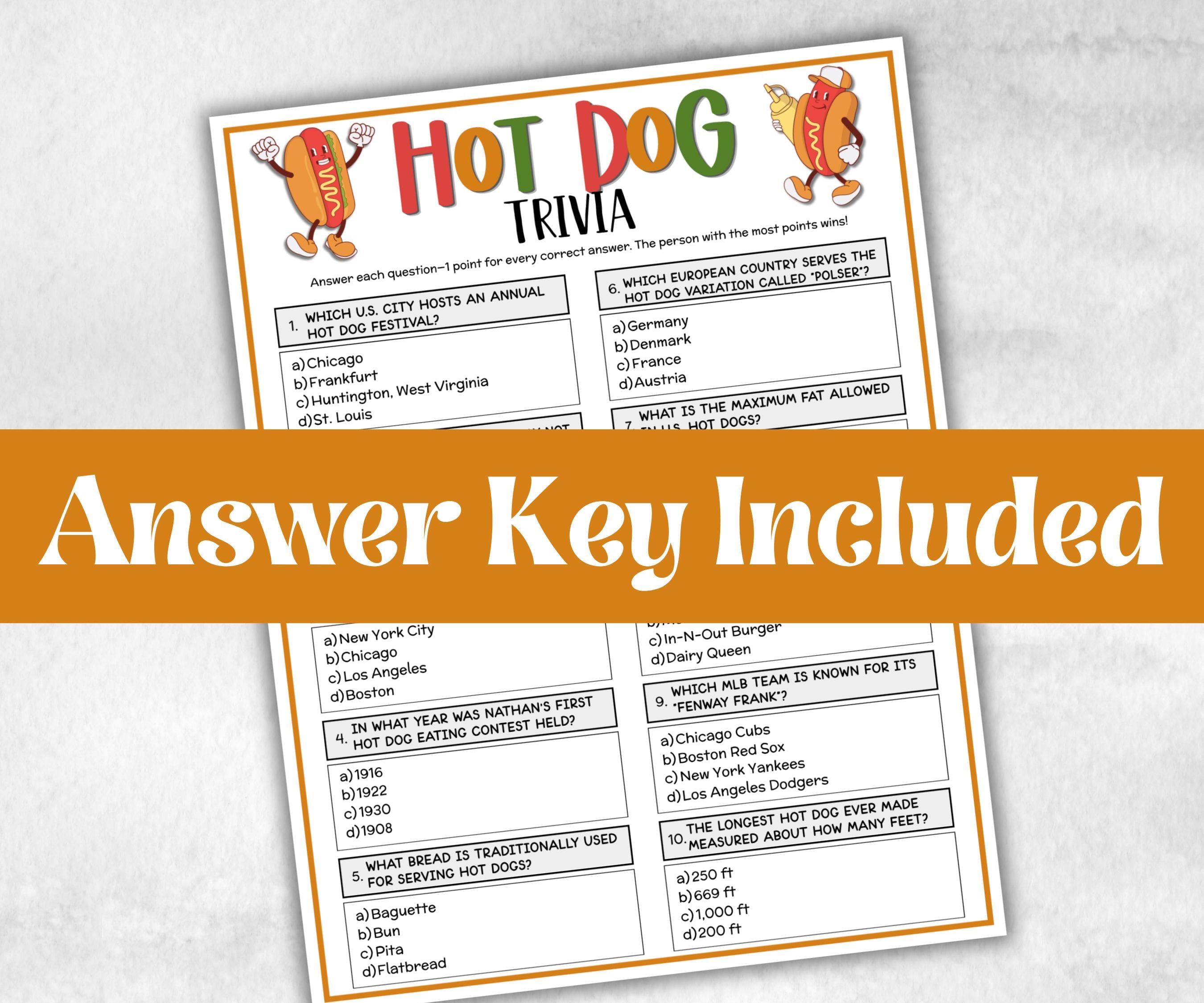 Hot Dog Trivia, Summer Birthday, Summer Camp Games, church mix and mingle, summer BBQ, family reunion party, printable backyard game