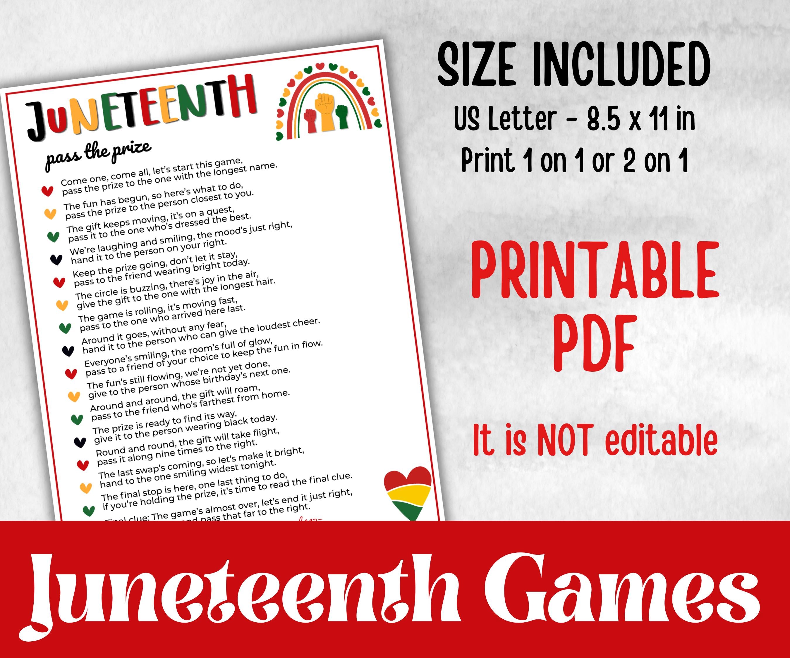 Juneteenth Games Bundle, kids educational game, mix and mingle, word scramble, pass the prize, finish the phrase, word search, pride trivia