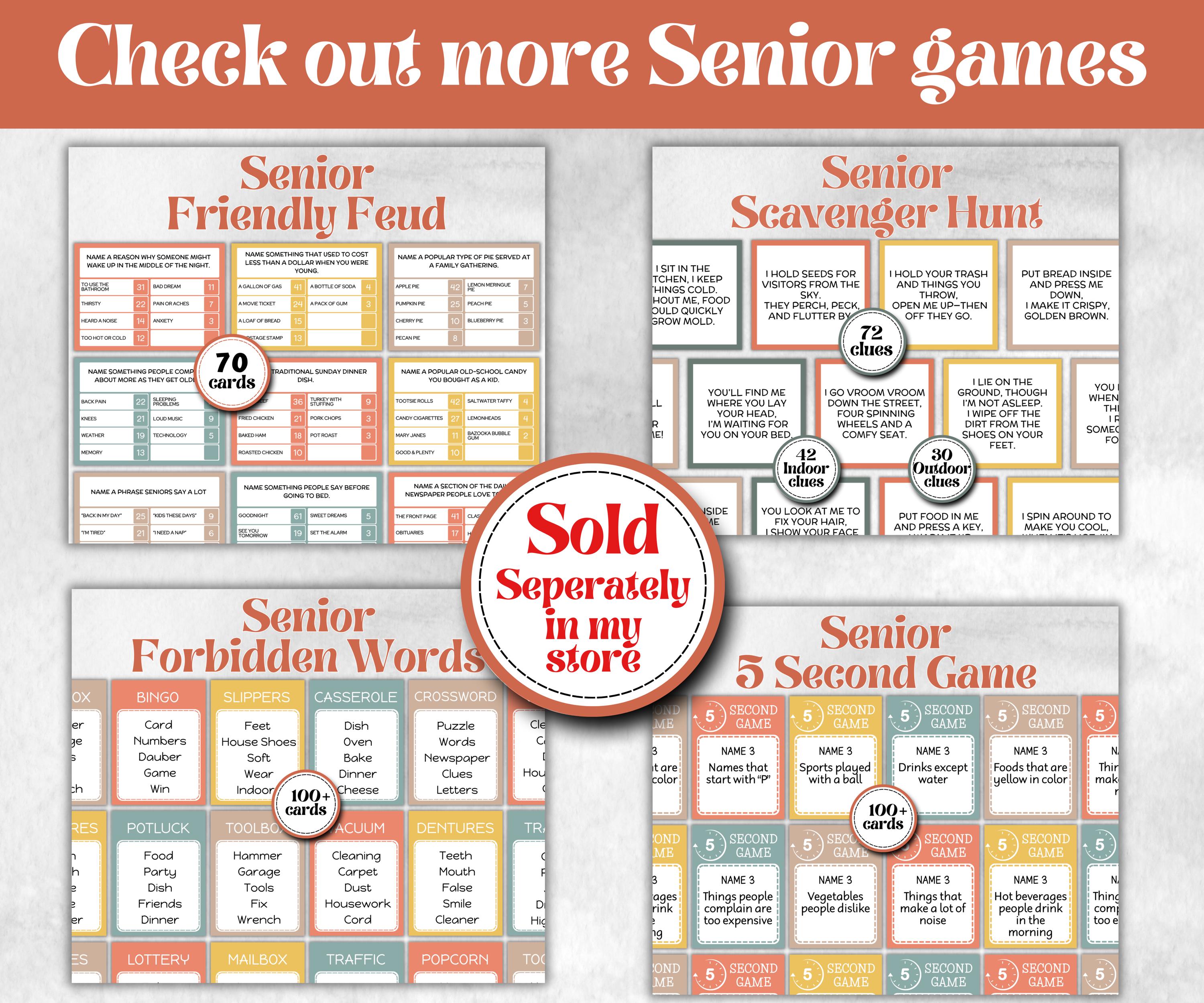 Senior Living Friendly Feud, senior citizens birthday, milestone, senior party game night, black grandma grandpa, think fast, five seconds