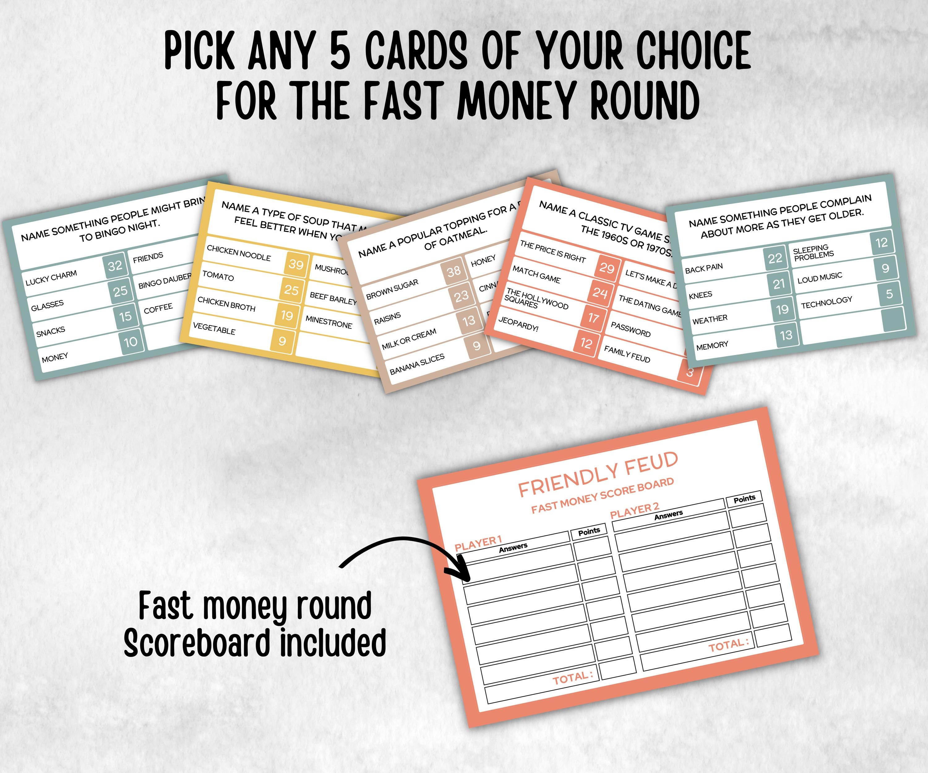 Senior Living Friendly Feud, senior citizens birthday, milestone, senior party game night, black grandma grandpa, think fast, five seconds