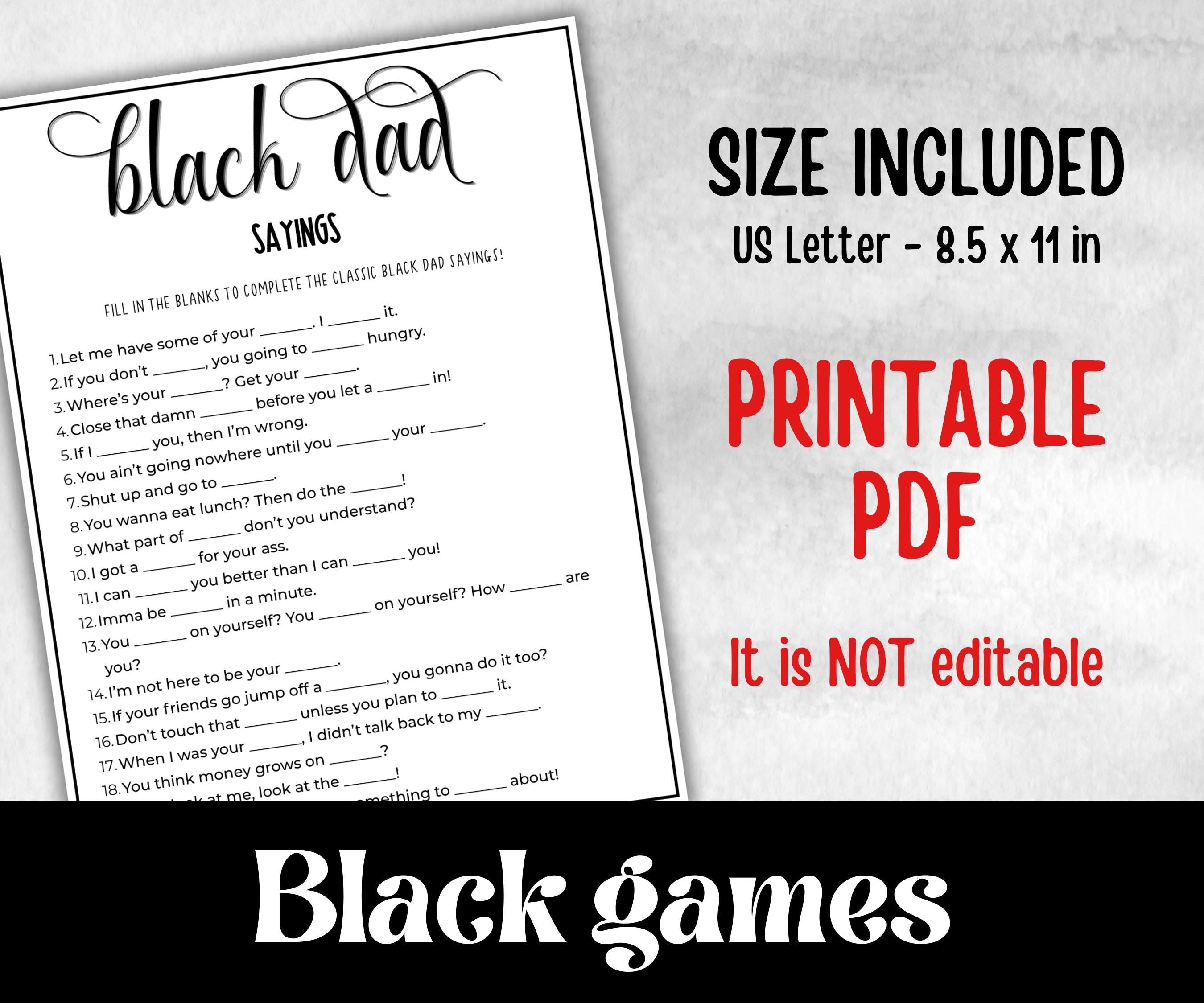 Black Dad Sayings Trivia, African American Dad, Black Culture baby shower, Mommy to be, Black Daddy to be, baby sprinkle, fathers day games