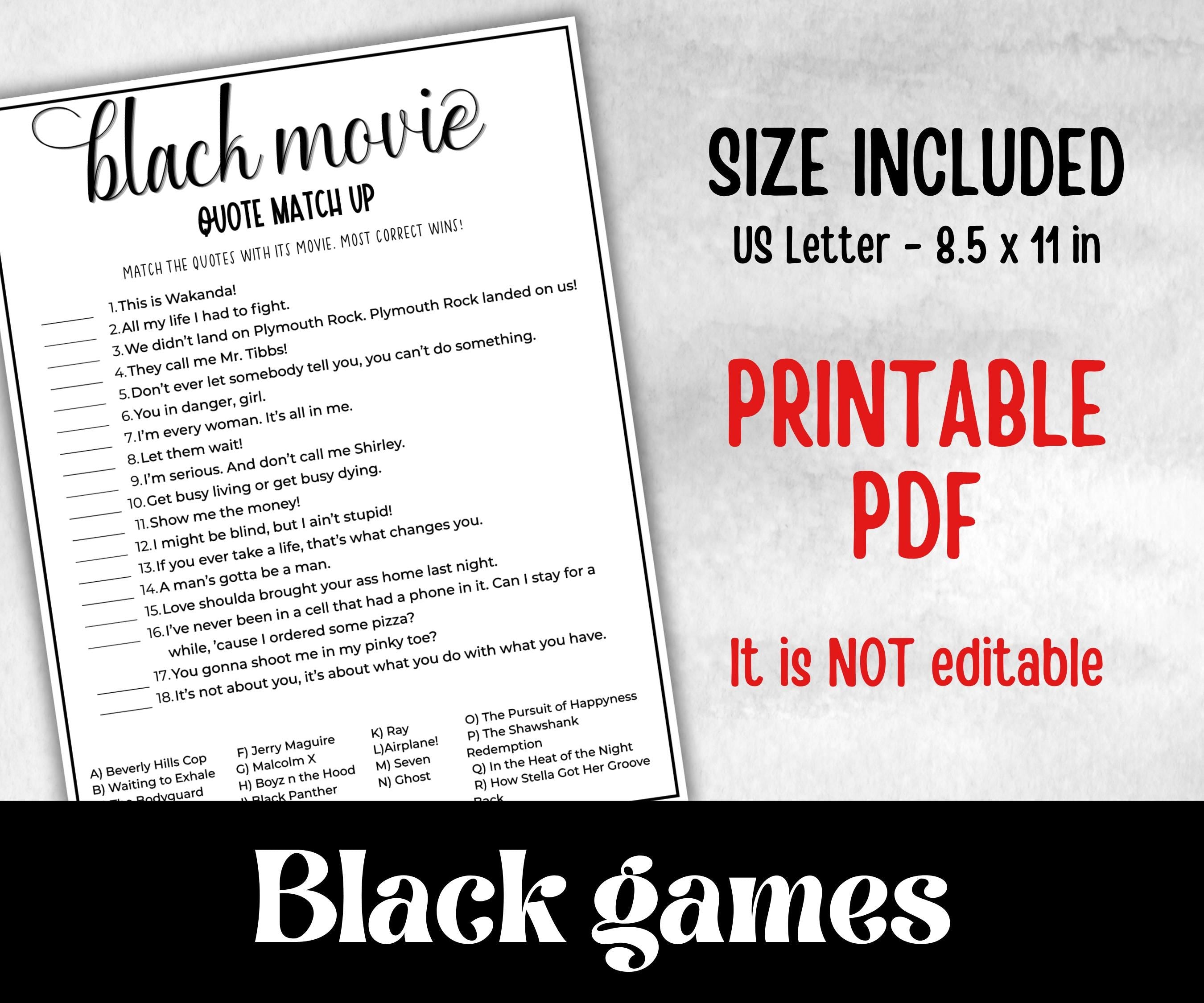Black Movie Quotes, African American Quotes, Black Culture movie quiz, Movie Game Night, summer icebreaker party, community bbq picnic