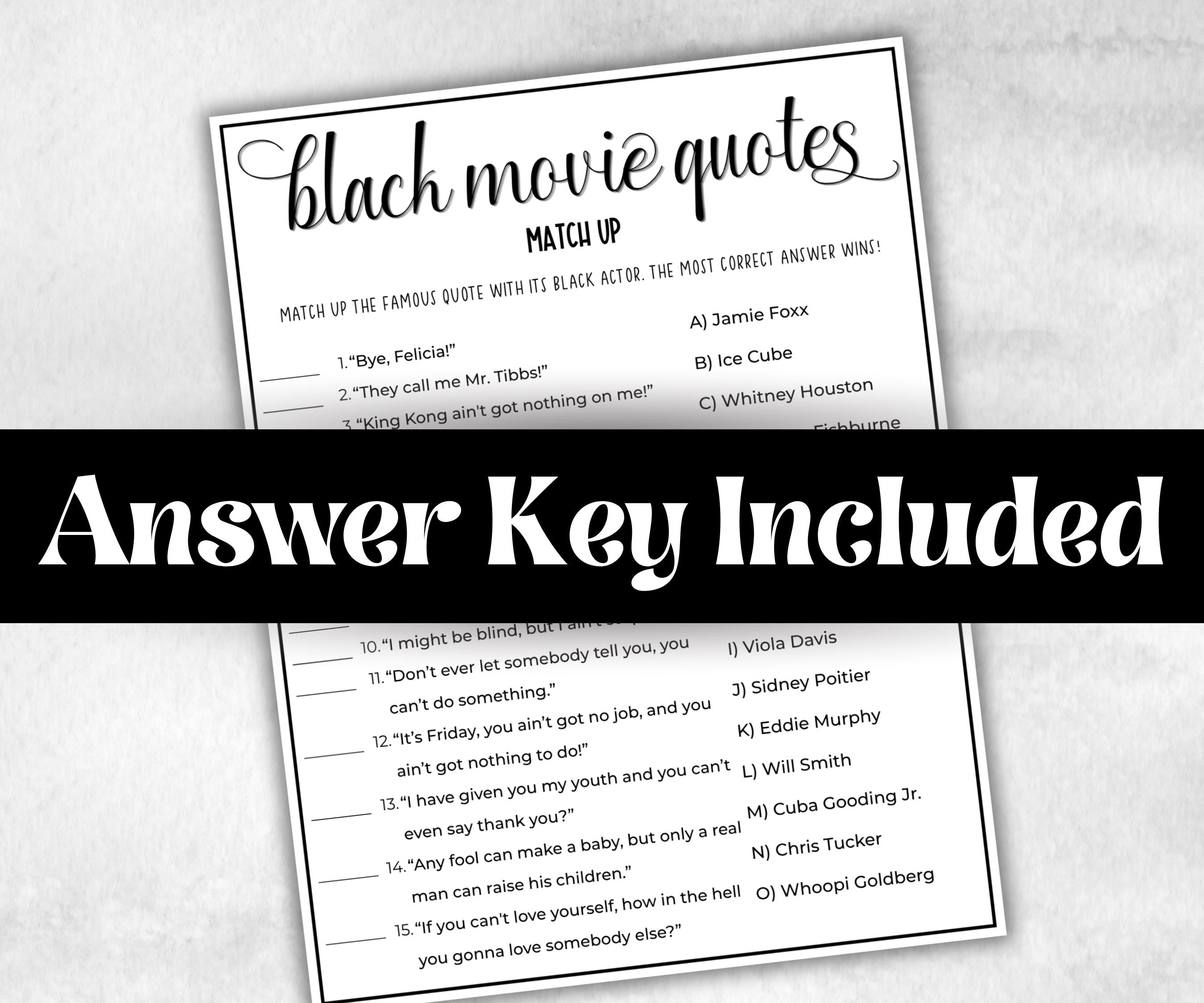 Black Movie Quotes match up, African American Quotes, Black Culture movie riddles, Movie Game Night, summer icebreaker party, community bbq