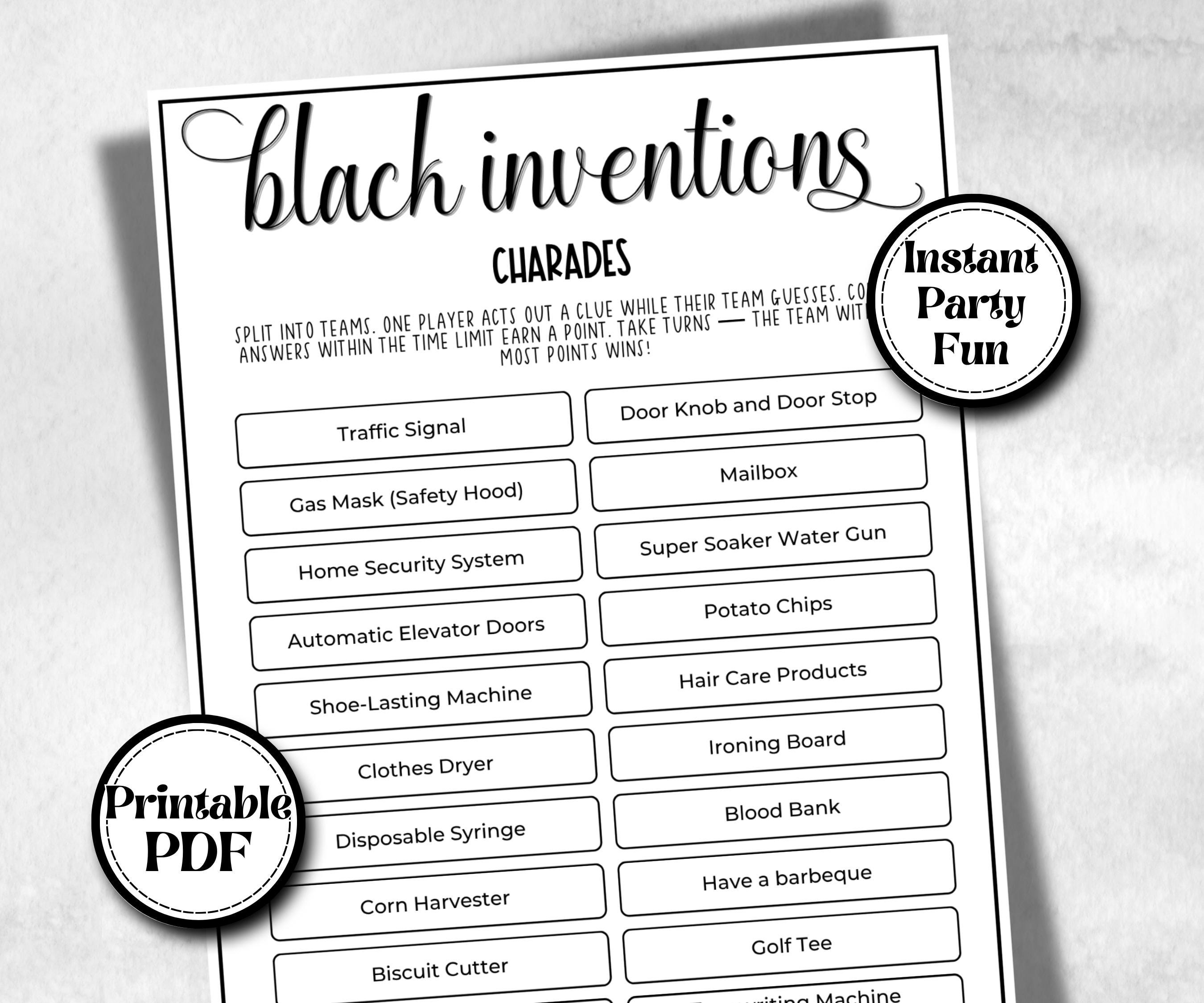 Black Inventions charades, African American inventors, Black Culture, kids summer icebreaker party, community bbq, educational classroom